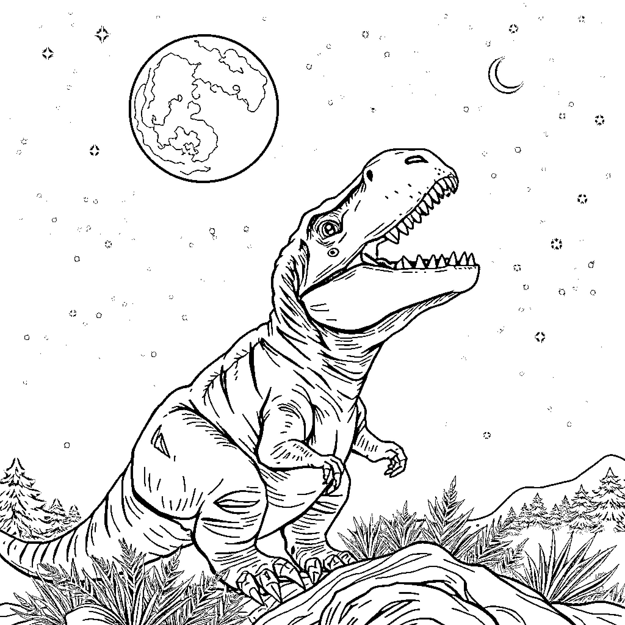 Dinosaur roaring in the night landscape Coloring Page (free black-and-white line drawing printable PDF for all, from beginners to advanced learners, including children, teens, adults, and seniors)