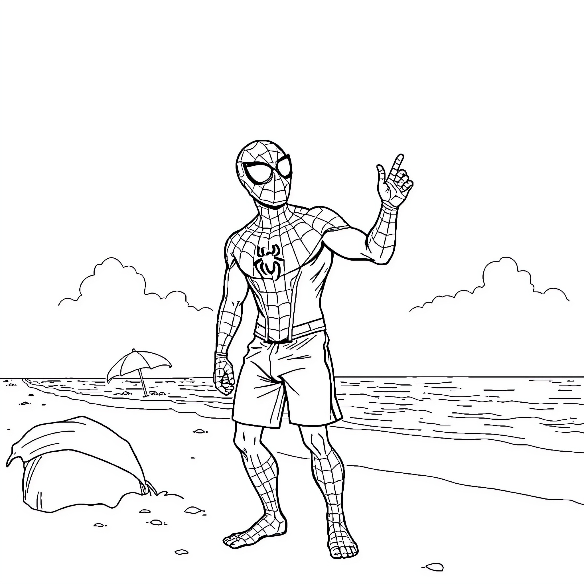 Spiderman posing on the beach Coloring Page (free black-and-white line drawing printable PDF for all, from beginners to advanced learners, including children, teens, adults, and seniors)
