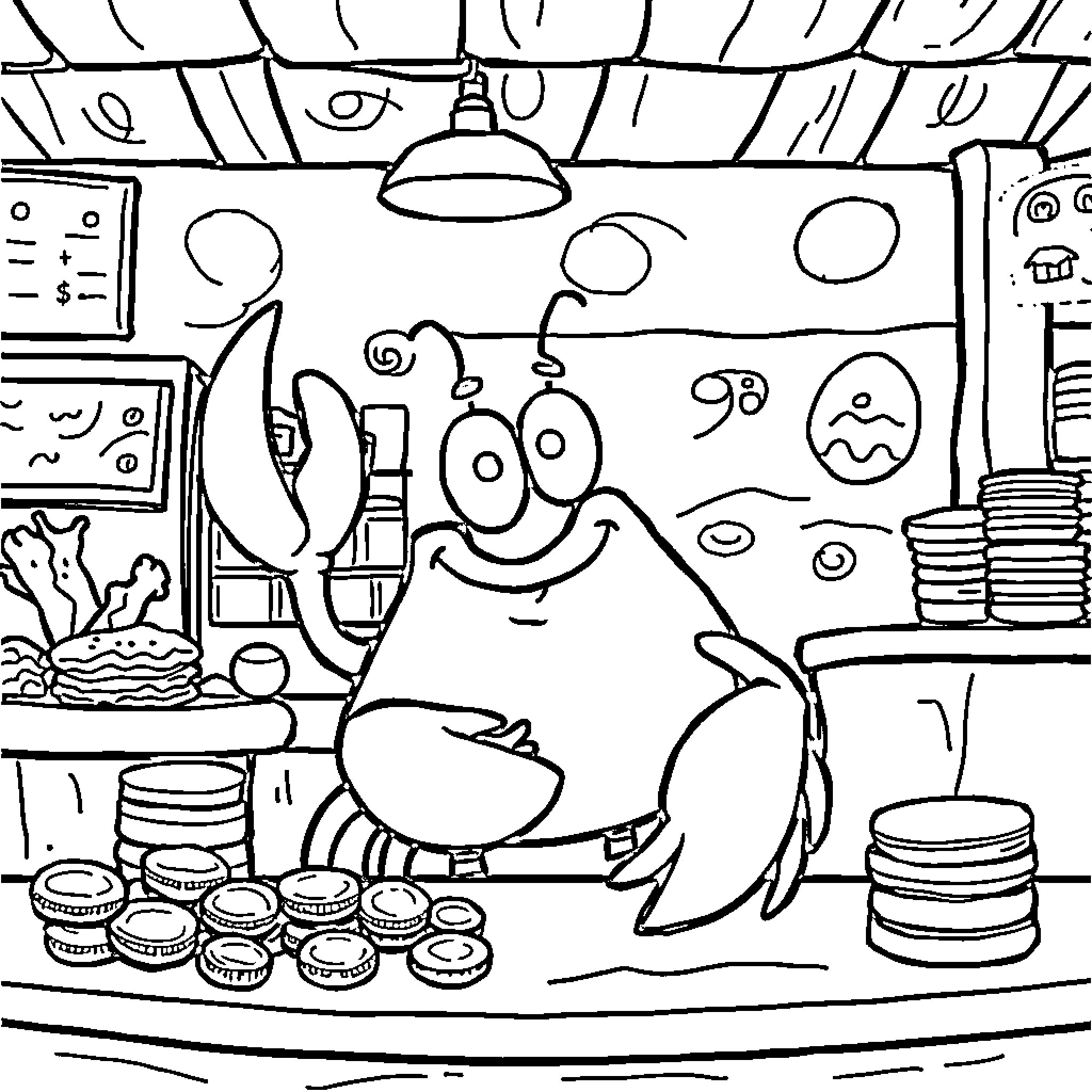 Mr. Krabs' Busy Crabby Kitchen Coloring Page (free black-and-white line drawing printable PDF for all, from beginners to advanced learners, including children, teens, adults, and seniors)