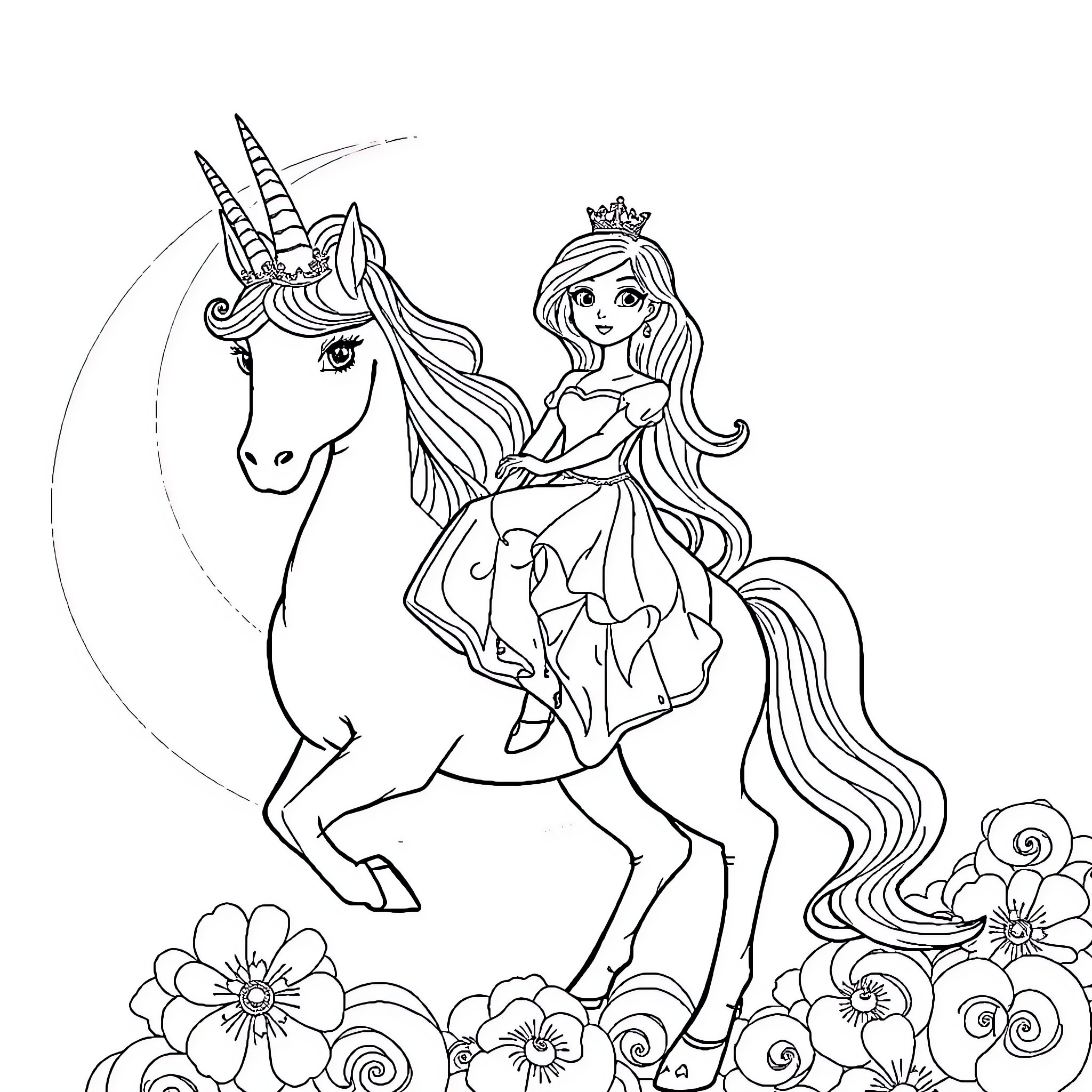 Princess riding a magical unicorn in a floral landscape Coloring Page (free black-and-white line drawing printable PDF for all, from beginners to advanced learners, including children, teens, adults, and seniors)