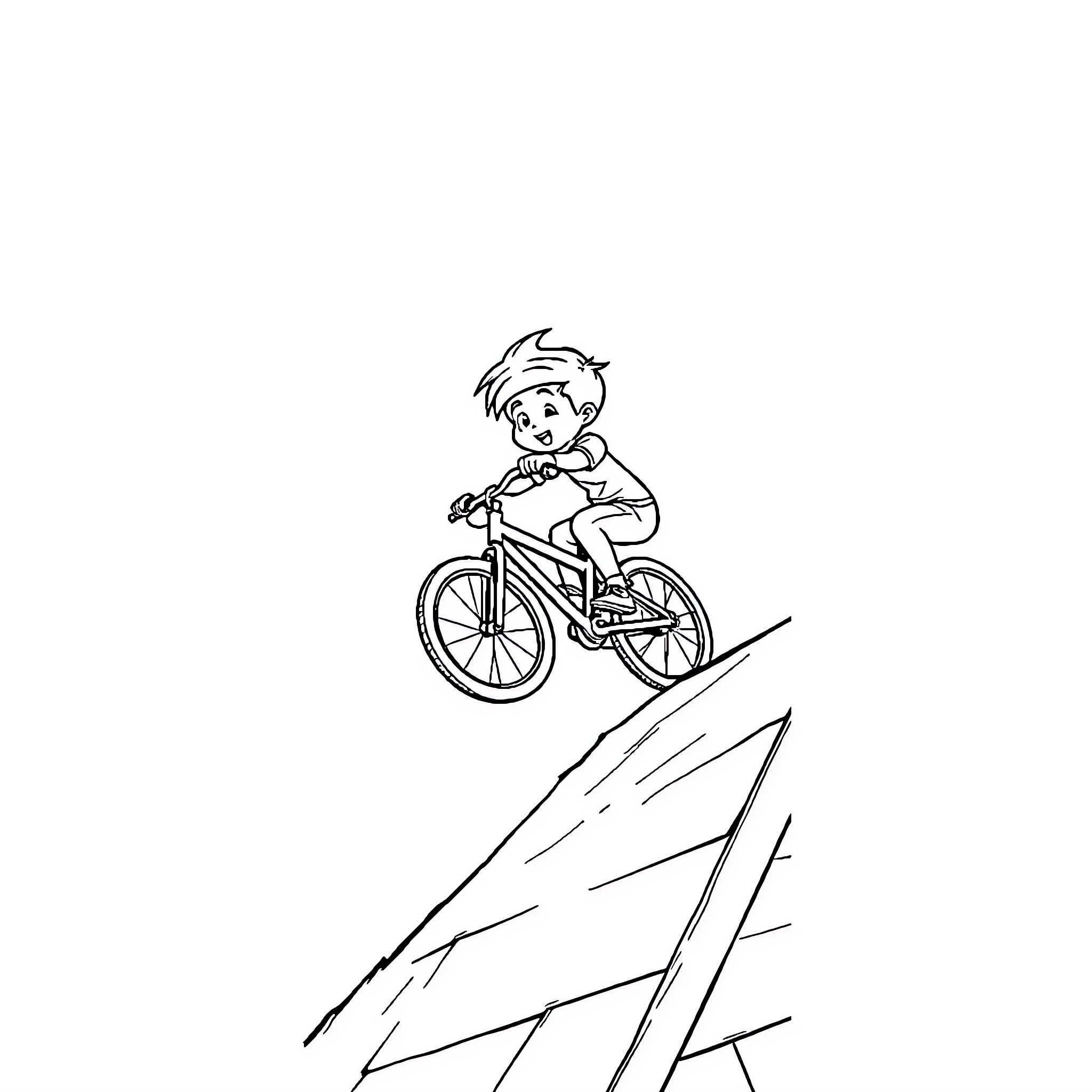 Kid riding bicycle down steep hill Coloring Page (free black-and-white line drawing printable PDF for all, from beginners to advanced learners, including children, teens, adults, and seniors)