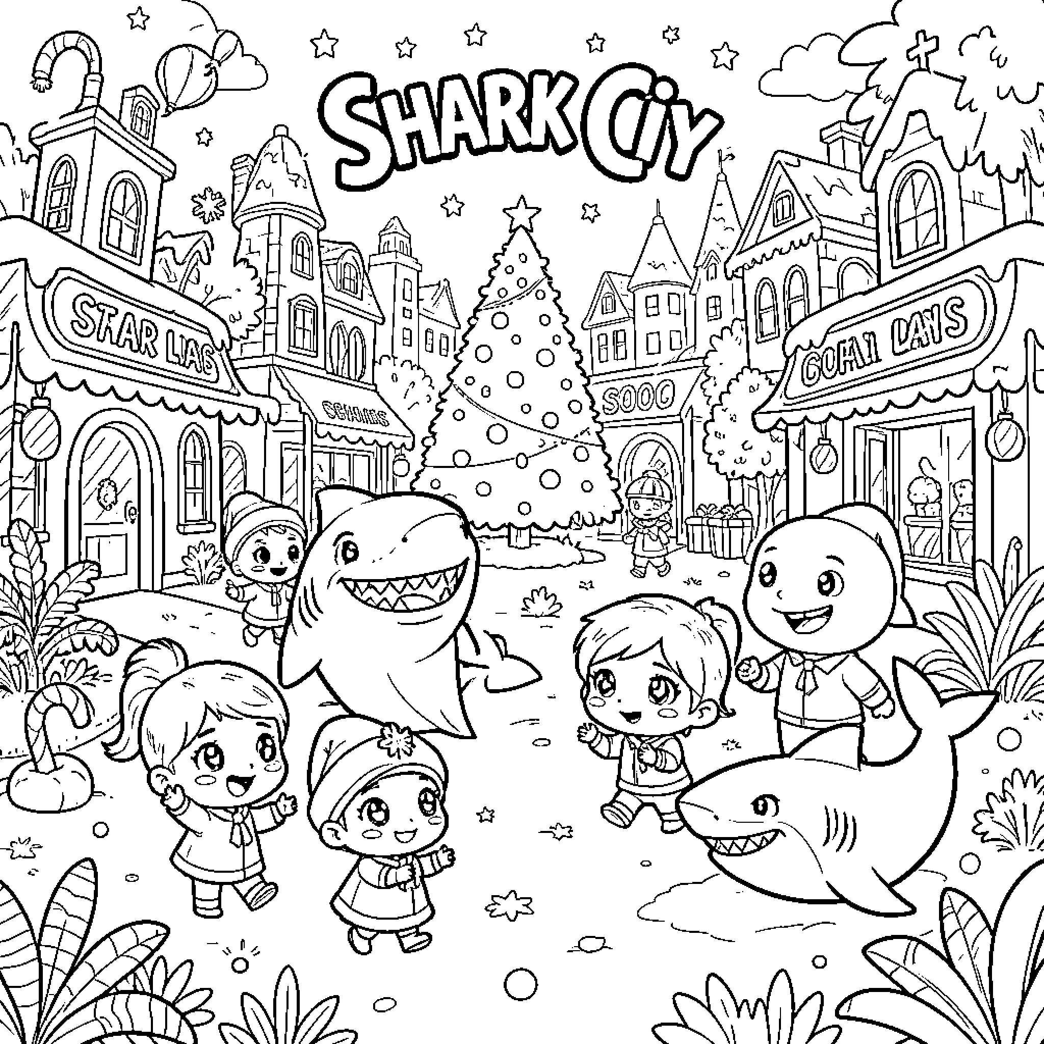 Shark characters celebrating in a festive city street Coloring Page (free black-and-white line drawing printable PDF for all, from beginners to advanced learners, including children, teens, adults, and seniors)