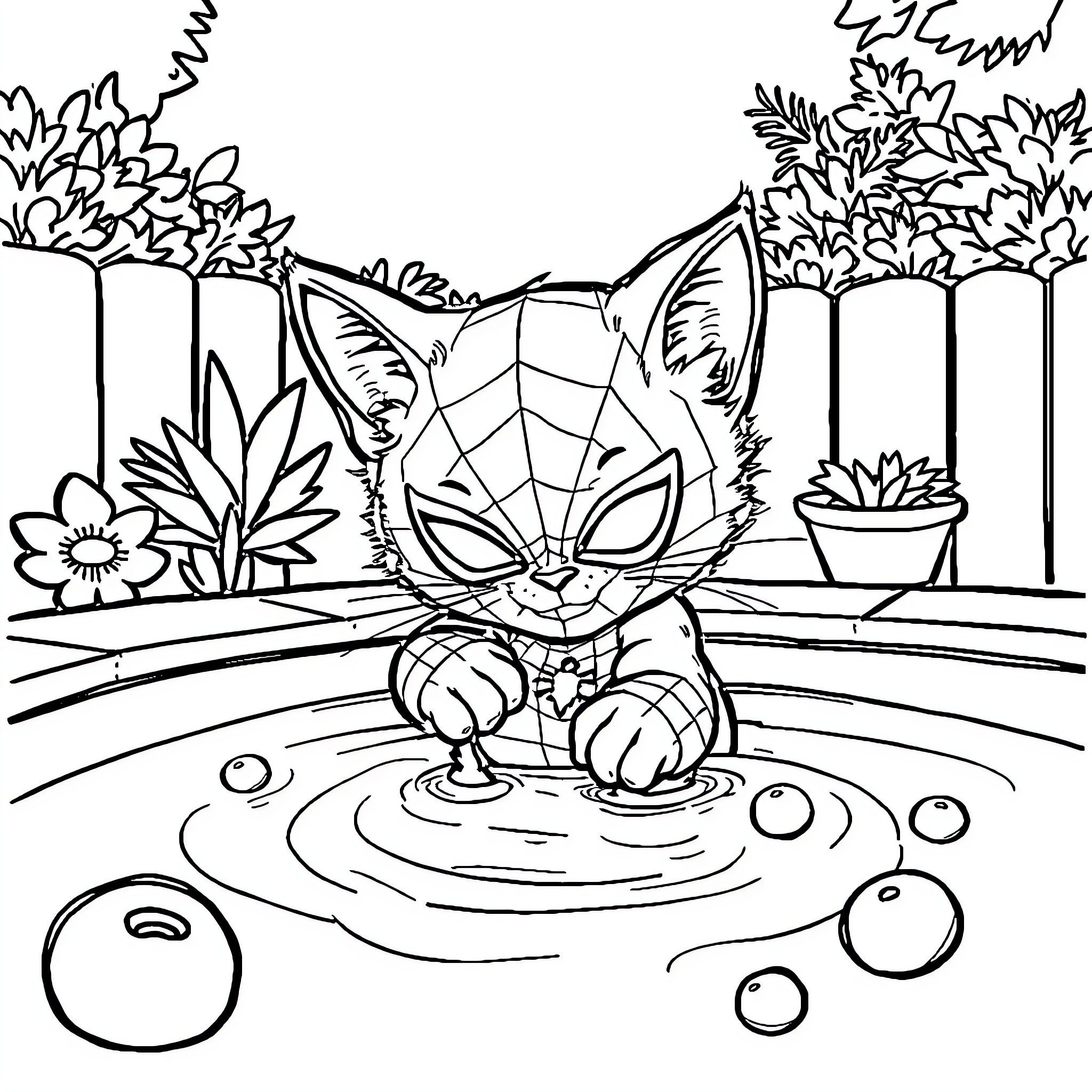 Kitten playing in a whimsical garden Coloring Page (free black-and-white line drawing printable PDF for all, from beginners to advanced learners, including children, teens, adults, and seniors)