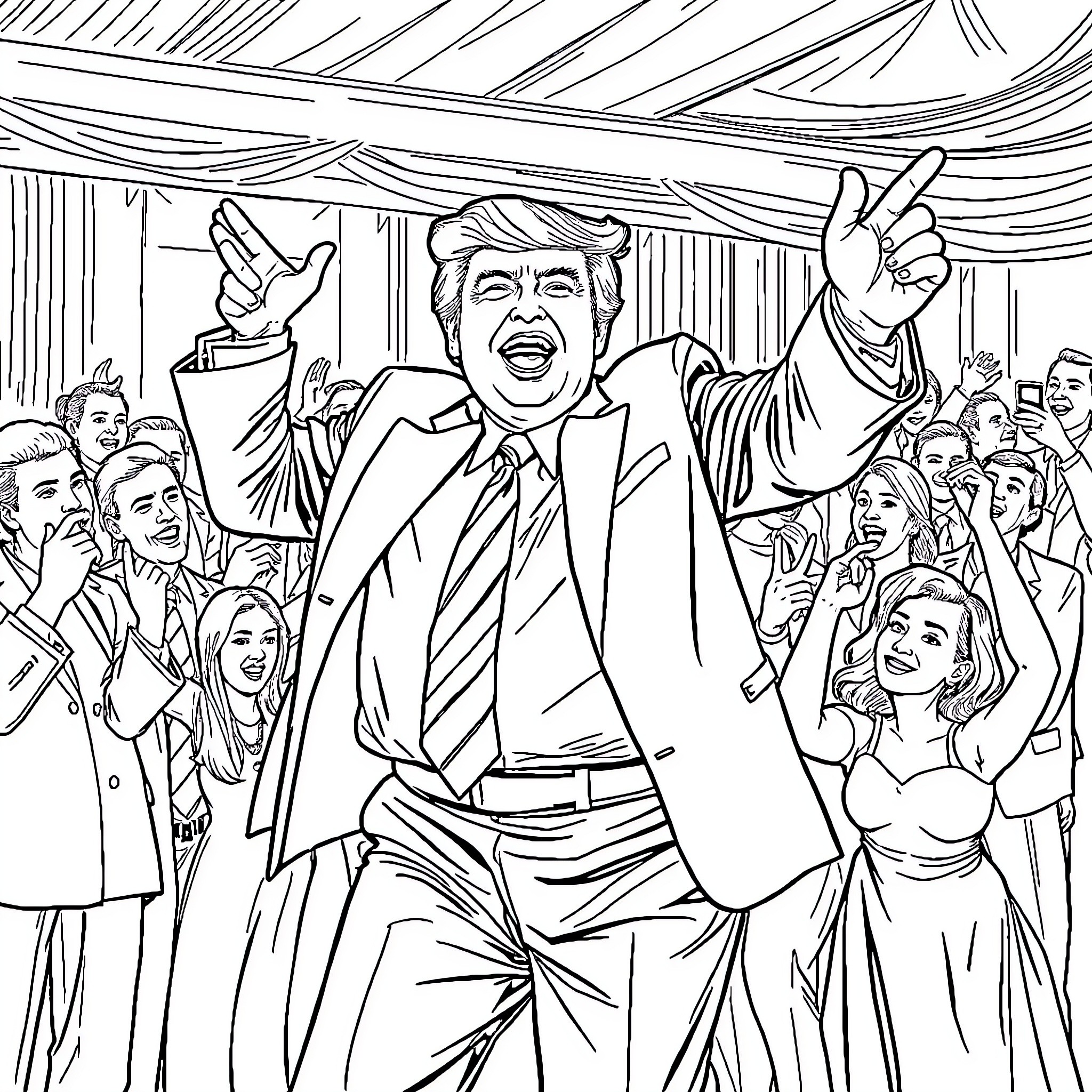Trump's Triumphant Celebration with Supporters Coloring Page (free black-and-white line drawing printable PDF for all, from beginners to advanced learners, including children, teens, adults, and seniors)