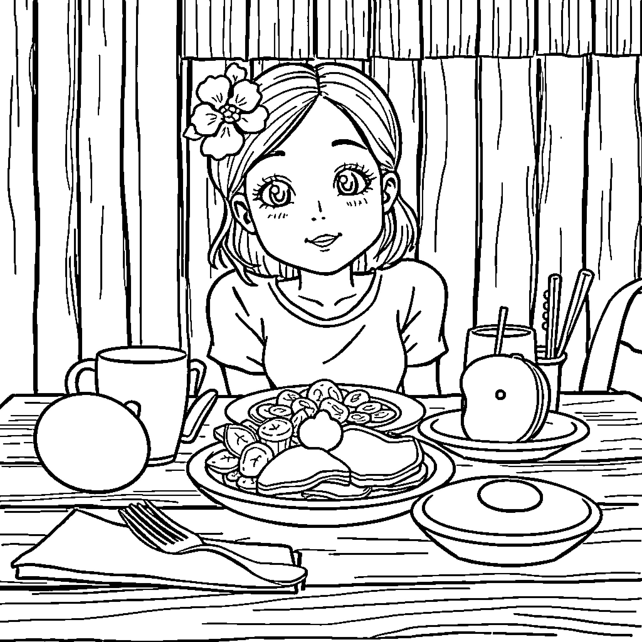 Breakfast with a Cheerful Girl Coloring Page (free black-and-white line drawing printable PDF for all, from beginners to advanced learners, including children, teens, adults, and seniors)