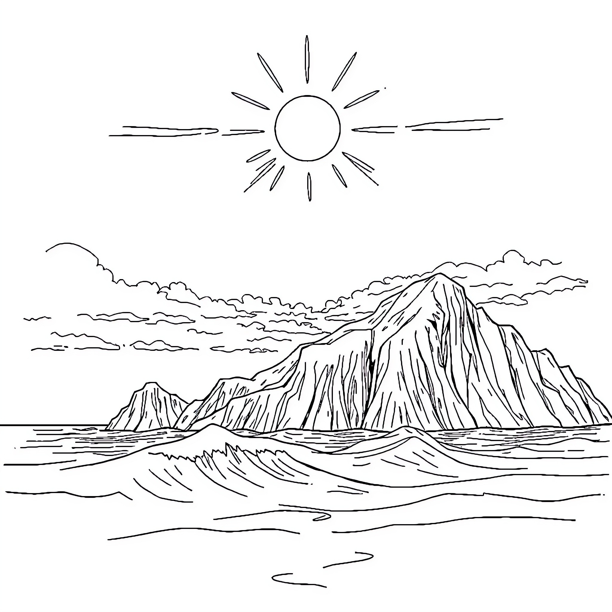 Miraculous Rocky Coastline with Sunlit Waves Coloring Page (free black-and-white line drawing printable PDF for all, from beginners to advanced learners, including children, teens, adults, and seniors)
