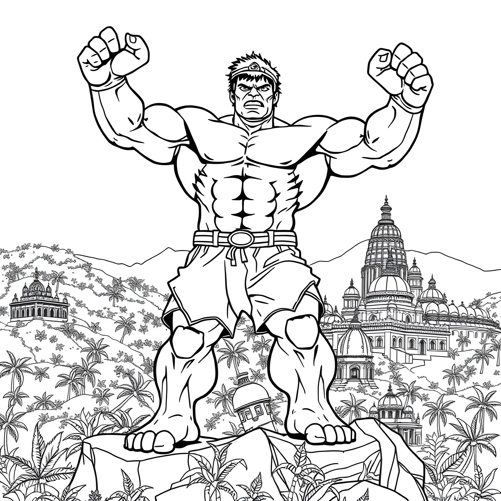 Hulk Unleashing Mighty Strength in Scenic Landscape Coloring Page (free black-and-white line drawing printable PDF for all, from beginners to advanced learners, including children, teens, adults, and seniors)