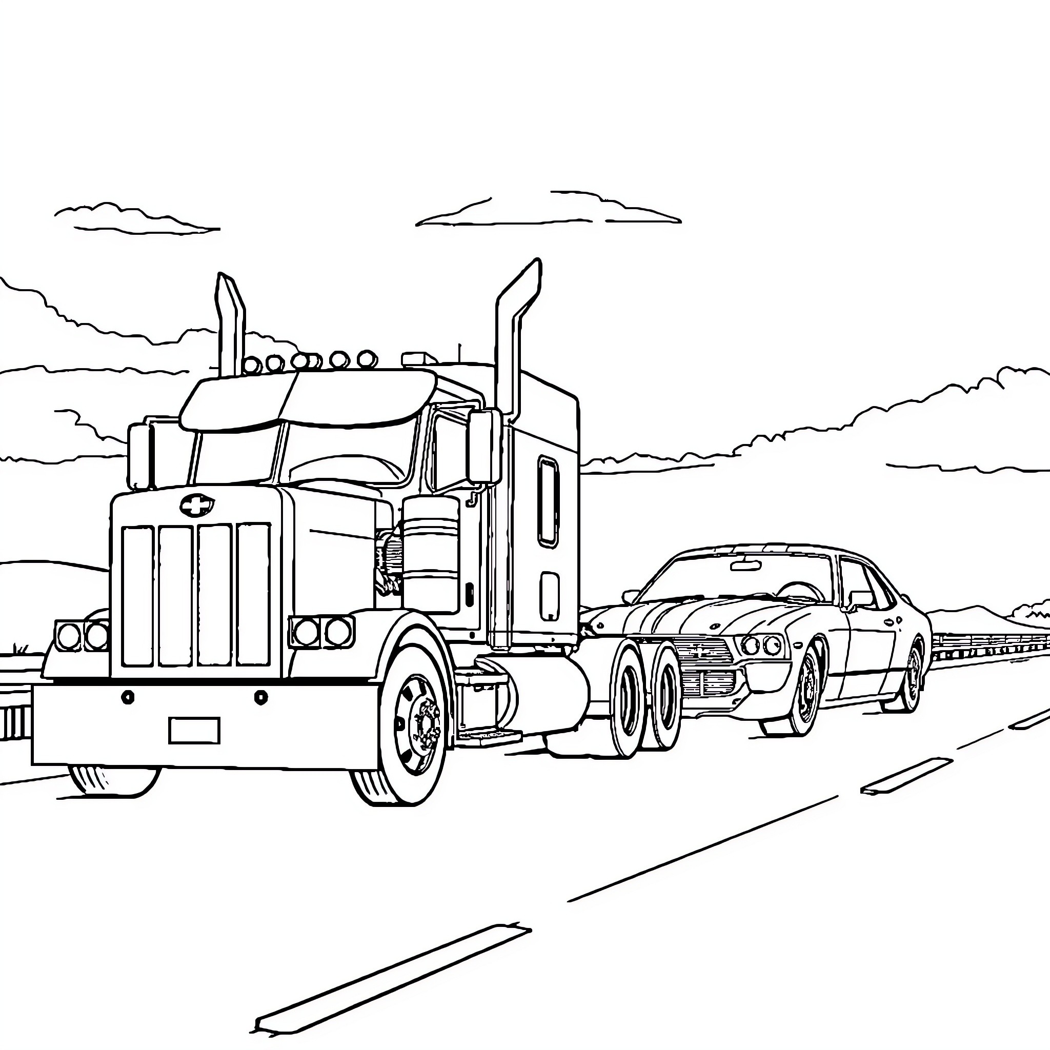 Peterbilt semi-truck transporting sports car on highway Coloring Page (free black-and-white line drawing printable PDF for all, from beginners to advanced learners, including children, teens, adults, and seniors)