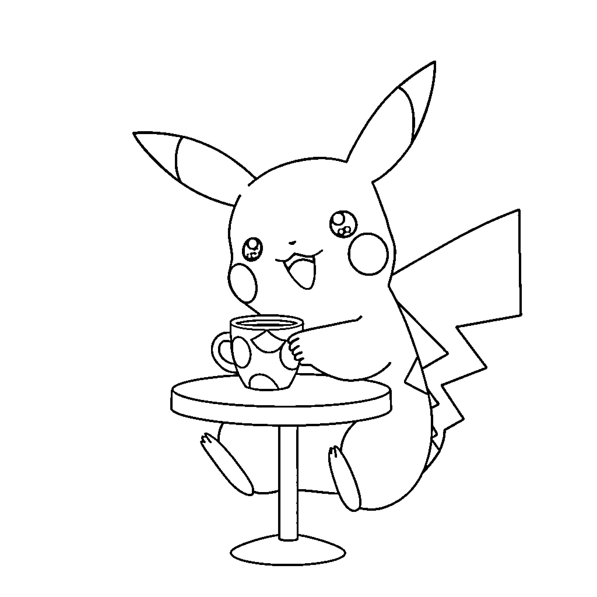 Pikachu enjoying a warm beverage Coloring Page (free black-and-white line drawing printable PDF for all, from beginners to advanced learners, including children, teens, adults, and seniors)