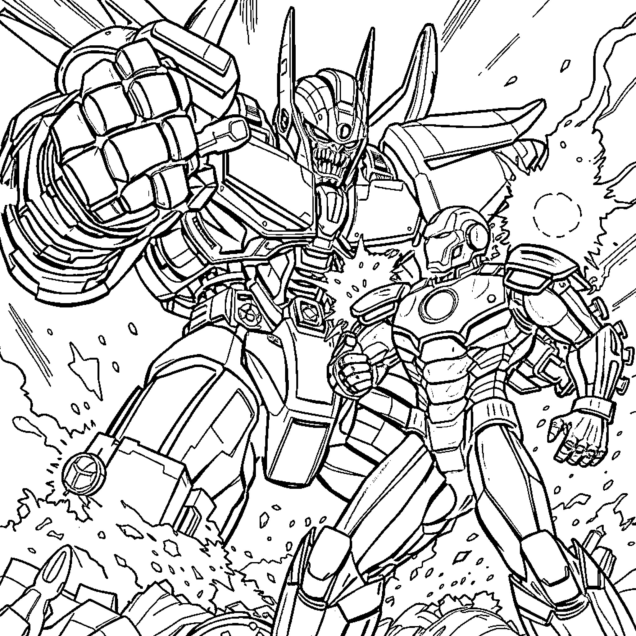Megatron's Destructive Rampage Amid the Chaos Coloring Page (free black-and-white line drawing printable PDF for all, from beginners to advanced learners, including children, teens, adults, and seniors)