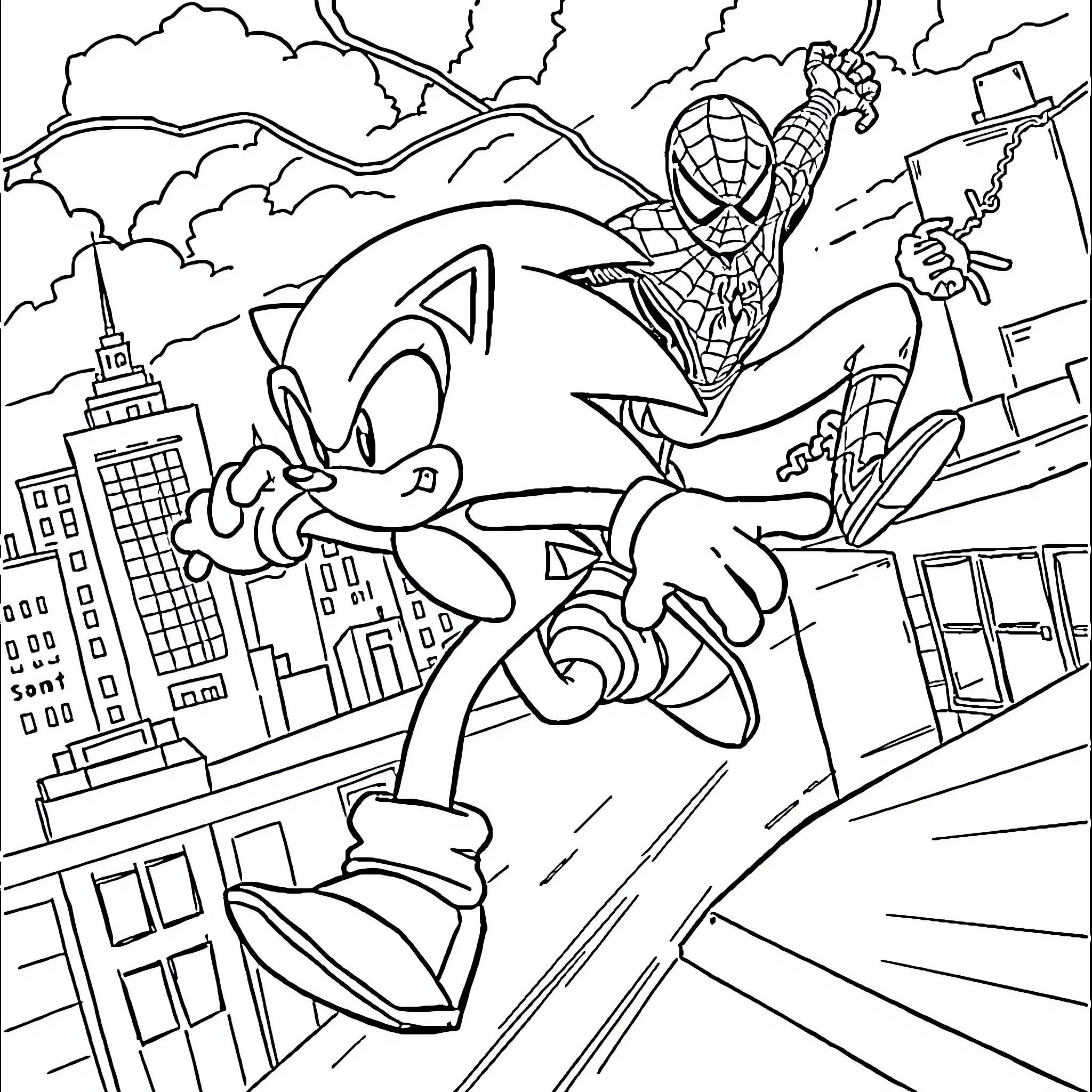 Sonic and Spiderman team up in the city Coloring Page (free black-and-white line drawing printable PDF for all, from beginners to advanced learners, including children, teens, adults, and seniors)