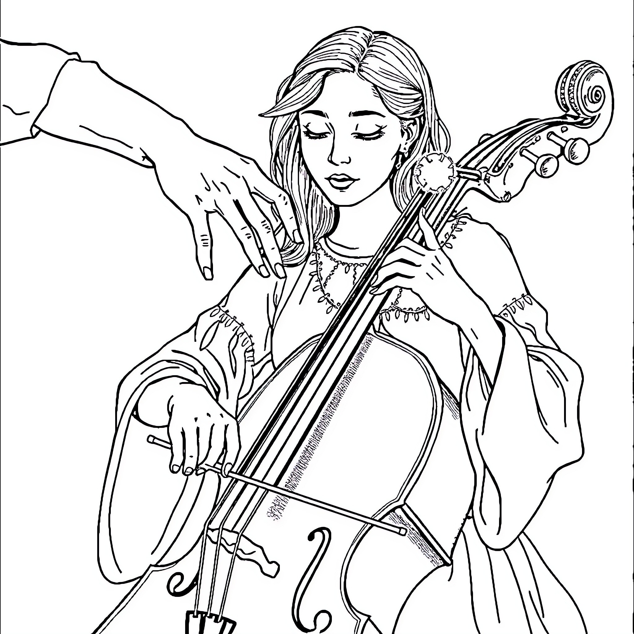 Mercredi's Melodic Performance Coloring Page (free black-and-white line drawing printable PDF for all, from beginners to advanced learners, including children, teens, adults, and seniors)
