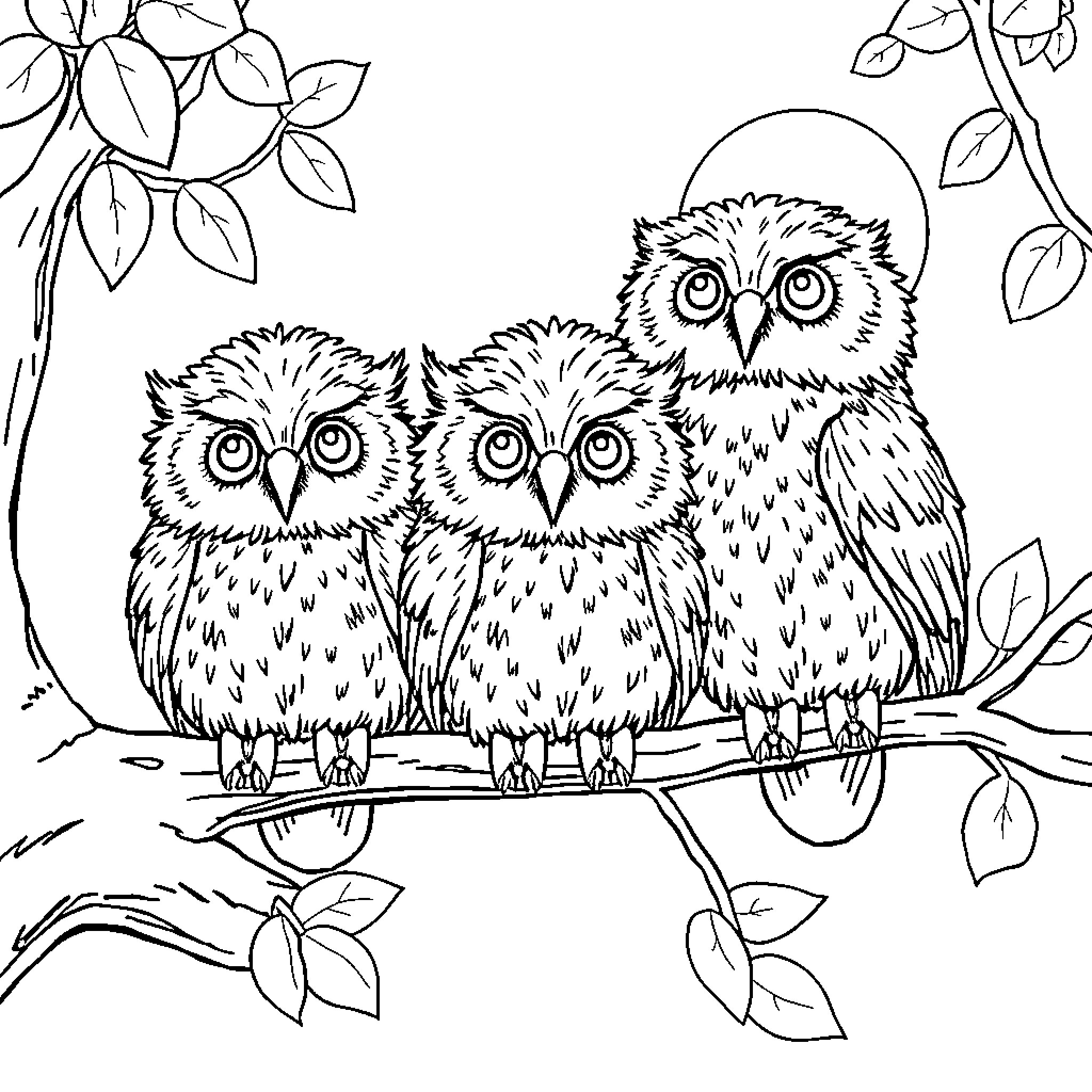 Owl Family Perching in Leafy Scene Coloring Page (free black-and-white line drawing printable PDF for all, from beginners to advanced learners, including children, teens, adults, and seniors)