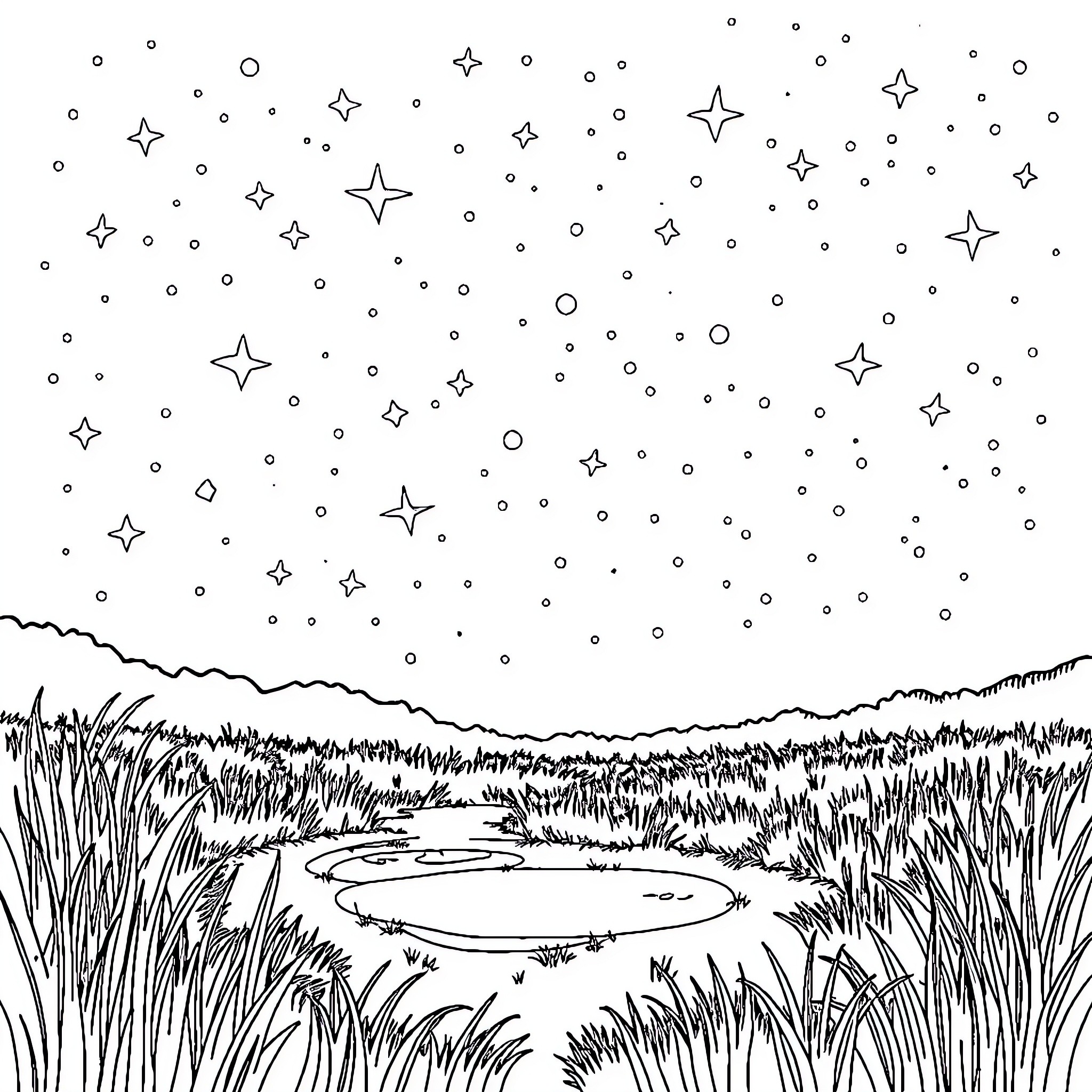 Star-filled night over a serene pond Coloring Page (free black-and-white line drawing printable PDF for all, from beginners to advanced learners, including children, teens, adults, and seniors)