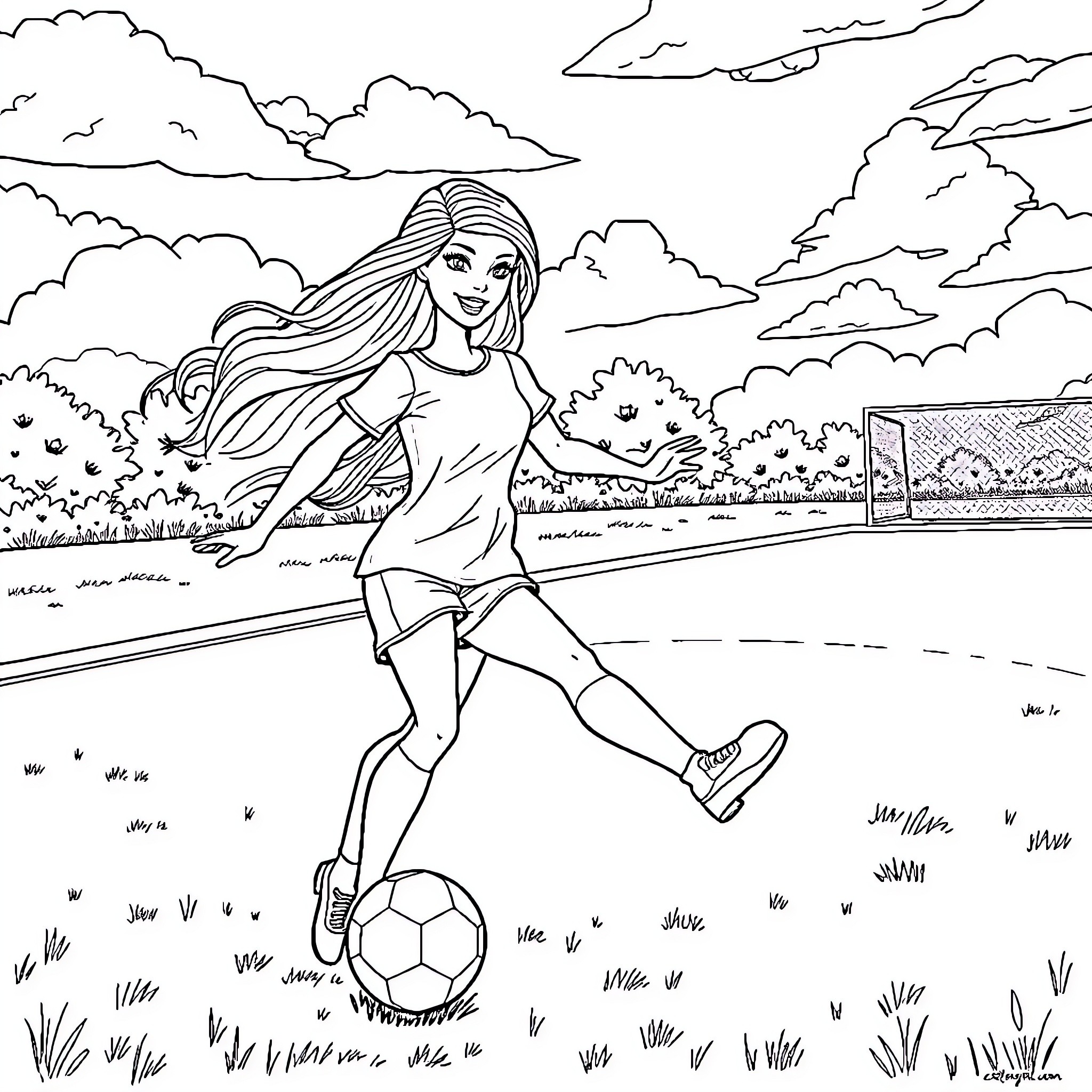 Barbie playing soccer in a scenic outdoor setting Coloring Page (free black-and-white line drawing printable PDF for all, from beginners to advanced learners, including children, teens, adults, and seniors)