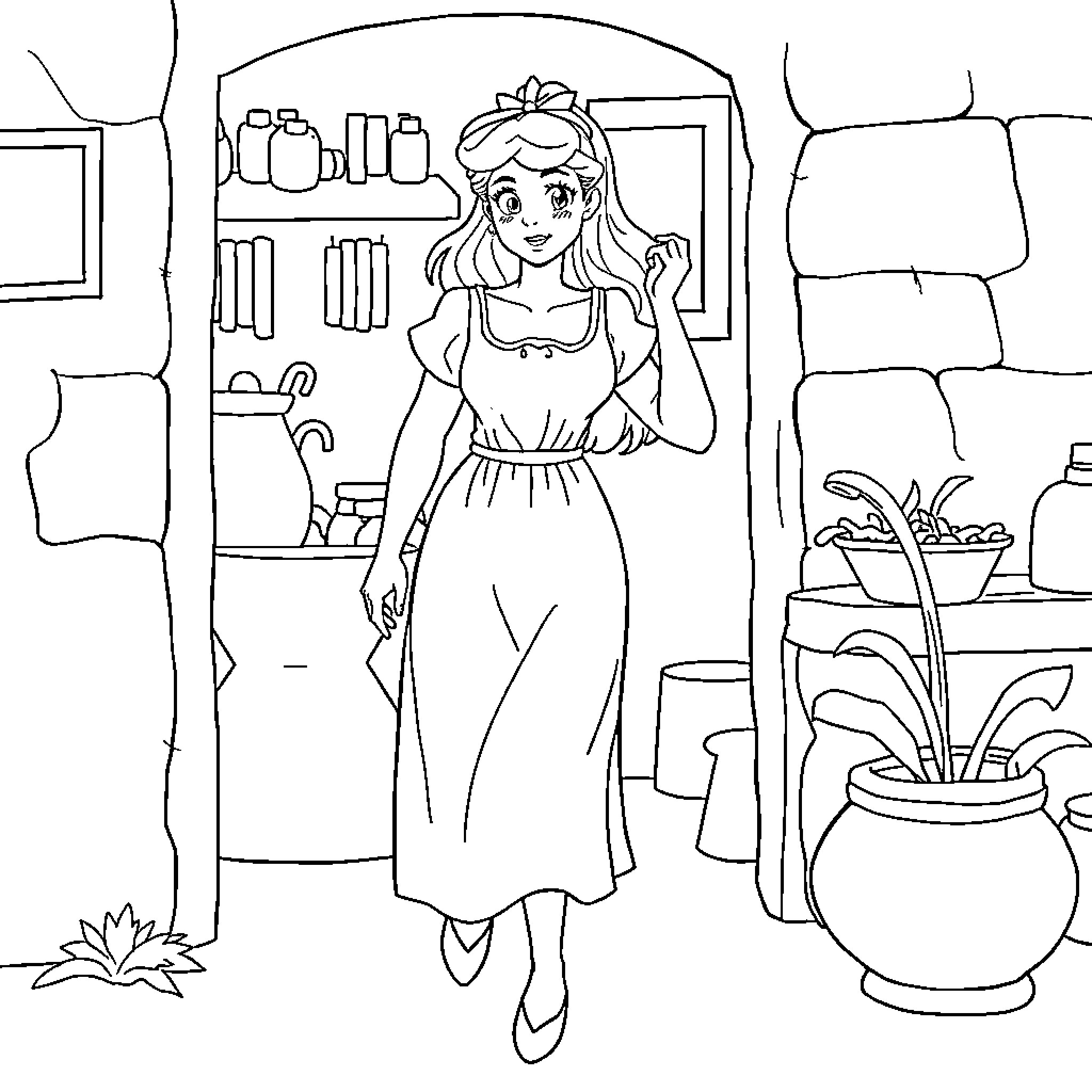 Cinderella's Morning Chores in the Kitchen Coloring Page (free black-and-white line drawing printable PDF for all, from beginners to advanced learners, including children, teens, adults, and seniors)