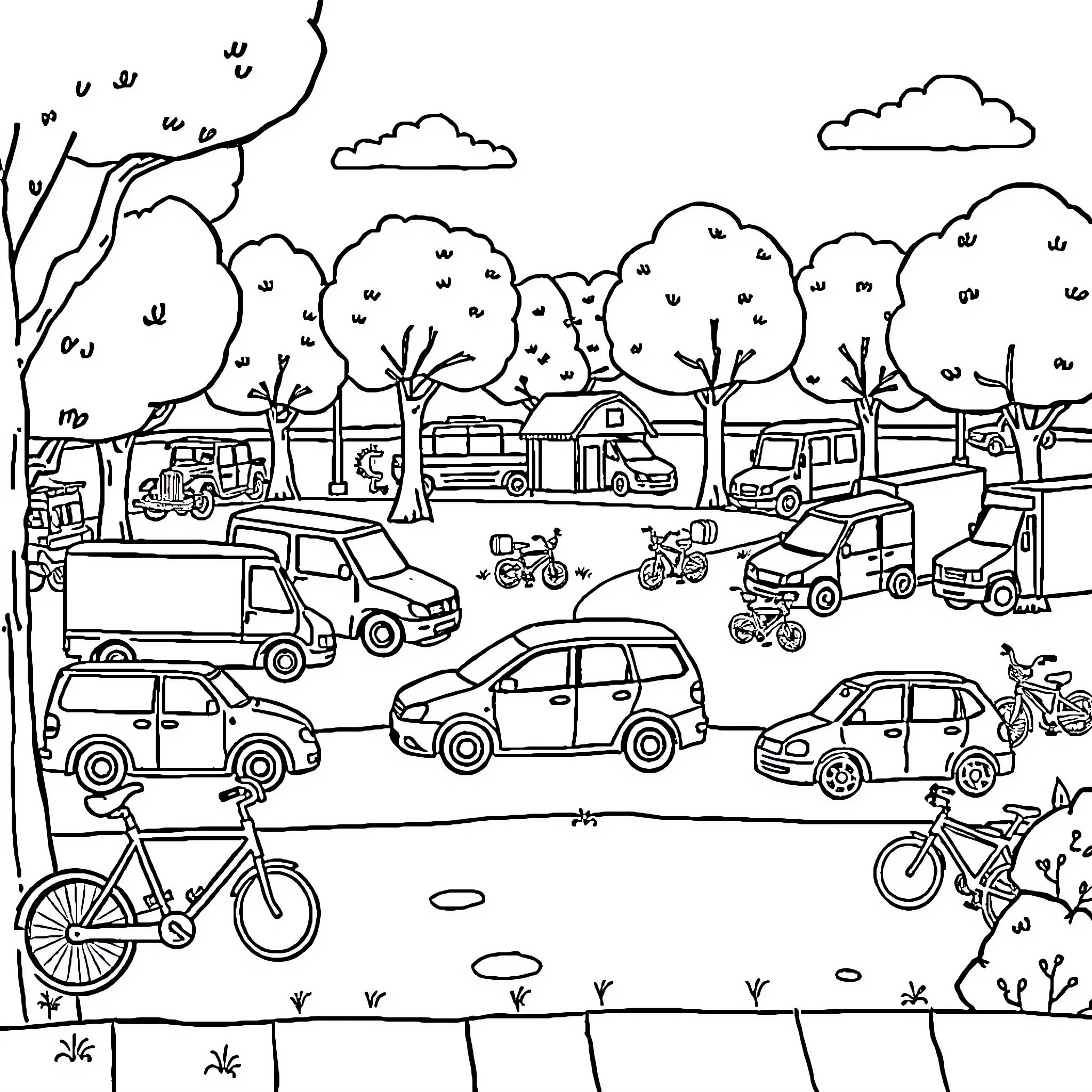 Vehicle-filled suburban neighborhood with bicycles and pedestrians Coloring Page (free black-and-white line drawing printable PDF for all, from beginners to advanced learners, including children, teens, adults, and seniors)