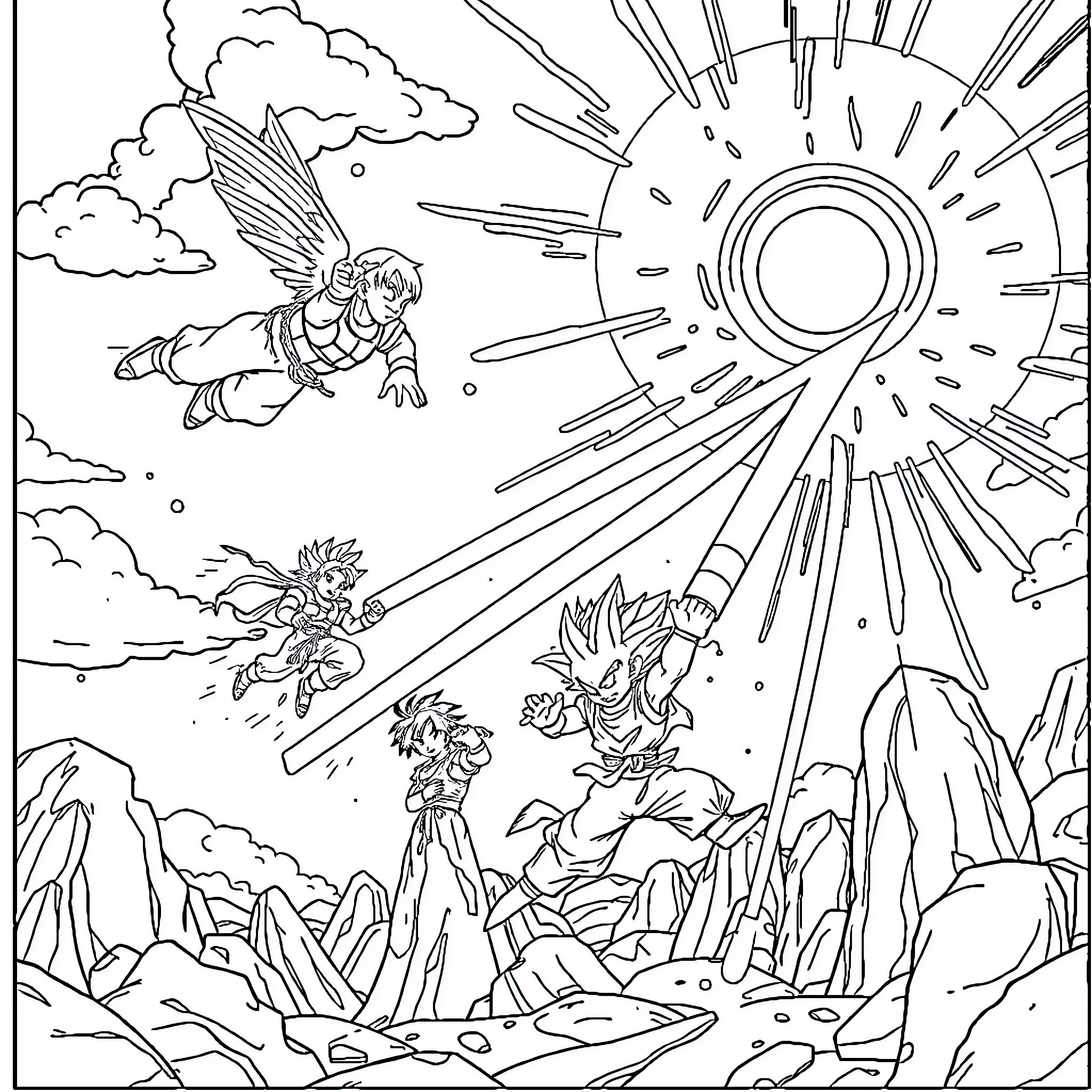 Dragon Ball Characters in Dramatic Action Poses Coloring Page (free black-and-white line drawing printable PDF for all, from beginners to advanced learners, including children, teens, adults, and seniors)