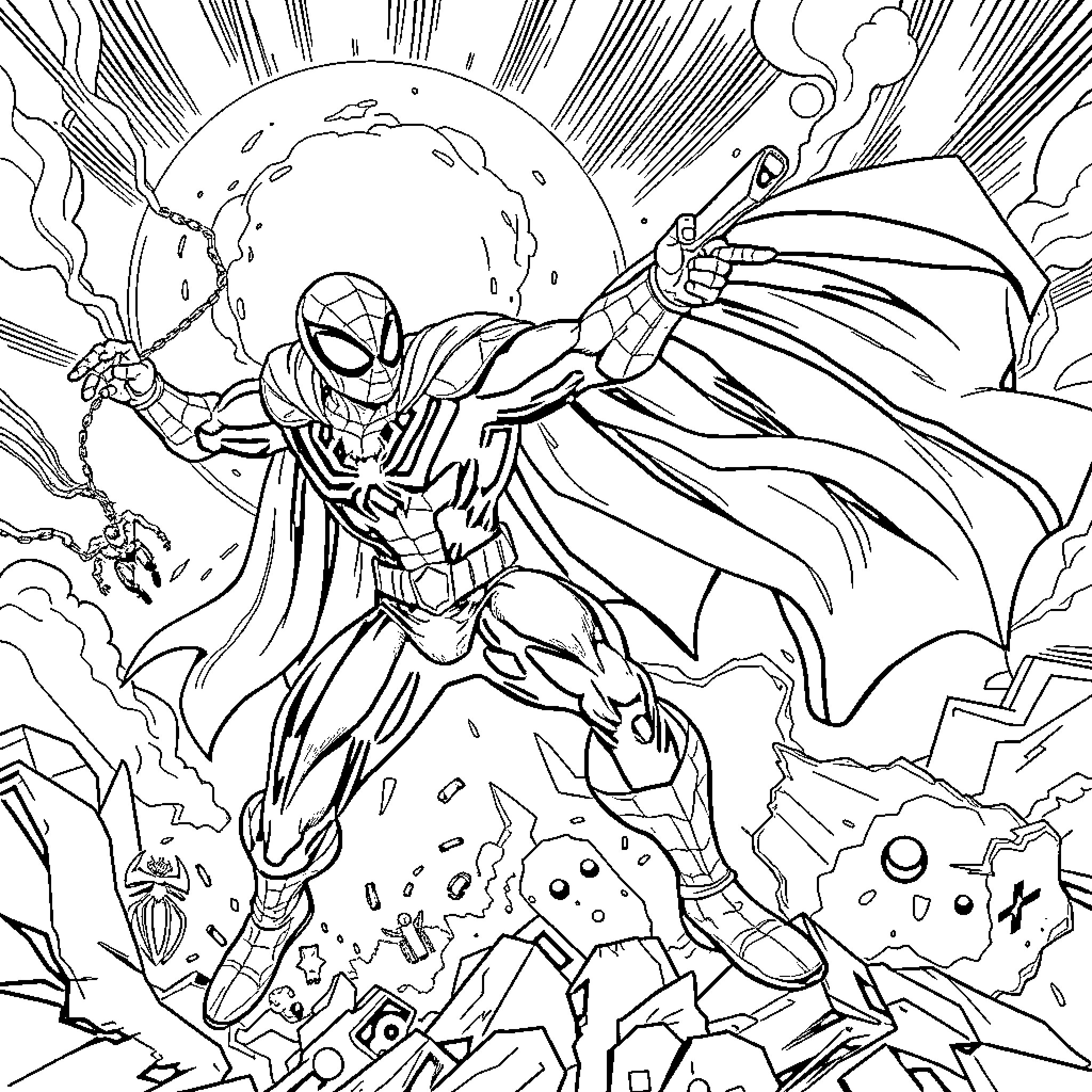 Spiderman battles villains in epic superhero action Coloring Page (free black-and-white line drawing printable PDF for all, from beginners to advanced learners, including children, teens, adults, and seniors)