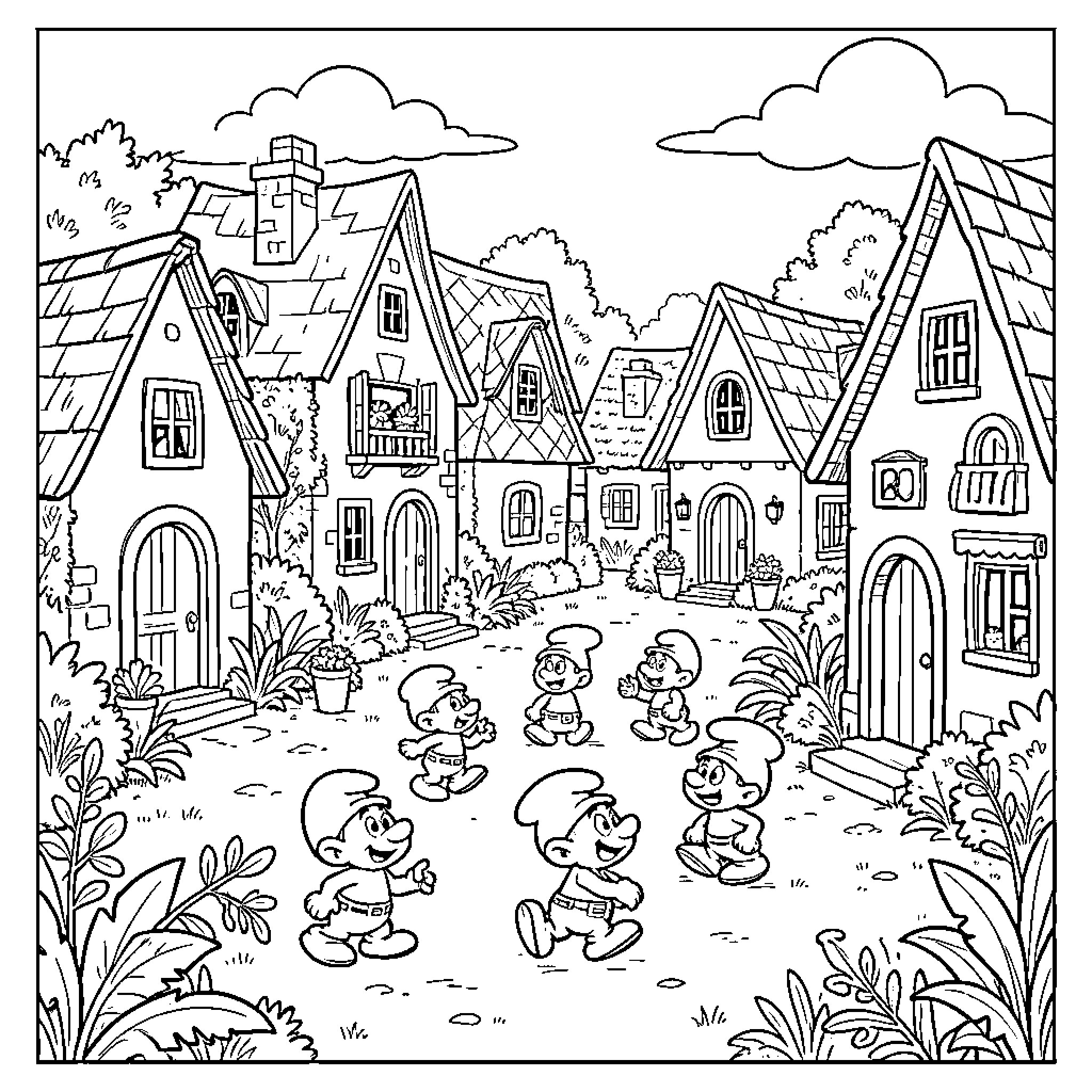 Tintin characters dancing happily in a small village street Coloring Page (free black-and-white line drawing printable PDF for all, from beginners to advanced learners, including children, teens, adults, and seniors)