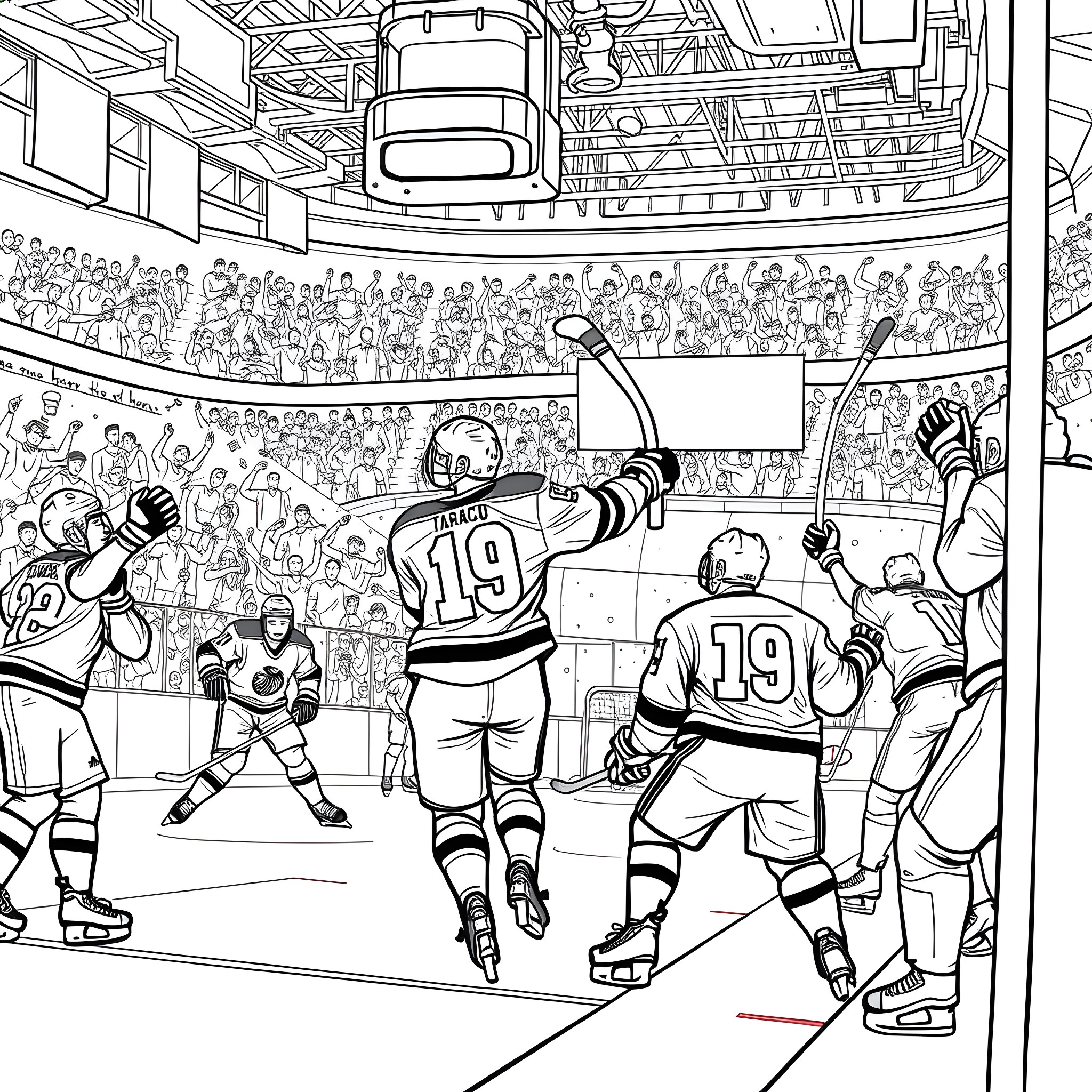 Hockey players in action on the ice rink Coloring Page (free black-and-white line drawing printable PDF for all, from beginners to advanced learners, including children, teens, adults, and seniors)