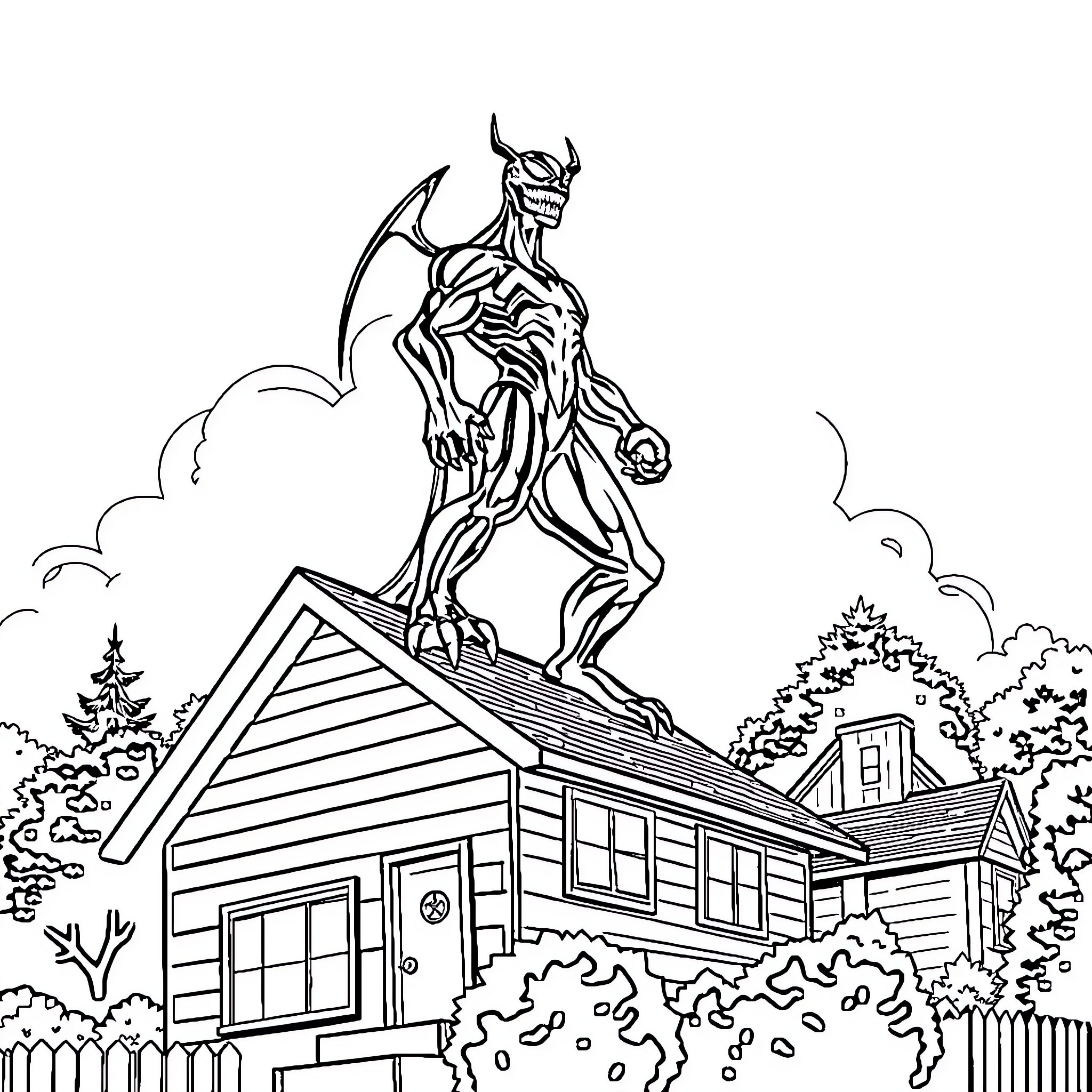 Venom Looming Over a Cabin in the Woods Coloring Page (free black-and-white line drawing printable PDF for all, from beginners to advanced learners, including children, teens, adults, and seniors)