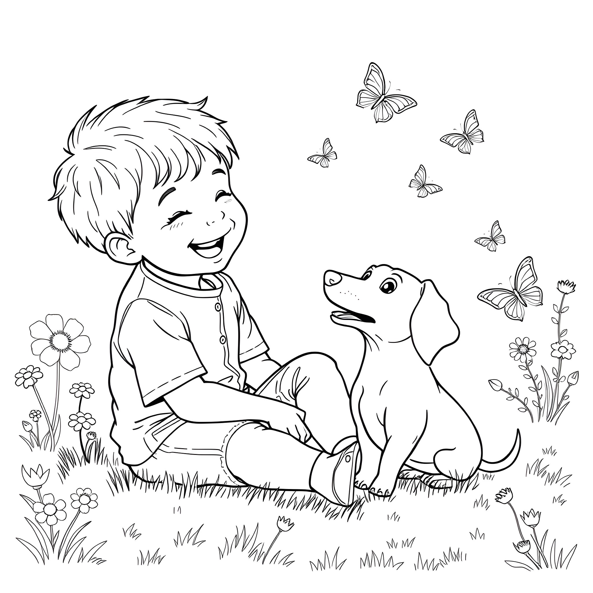 Boy playing joyfully with puppy in the flowers Coloring Page (free black-and-white line drawing printable PDF for all, from beginners to advanced learners, including children, teens, adults, and seniors)