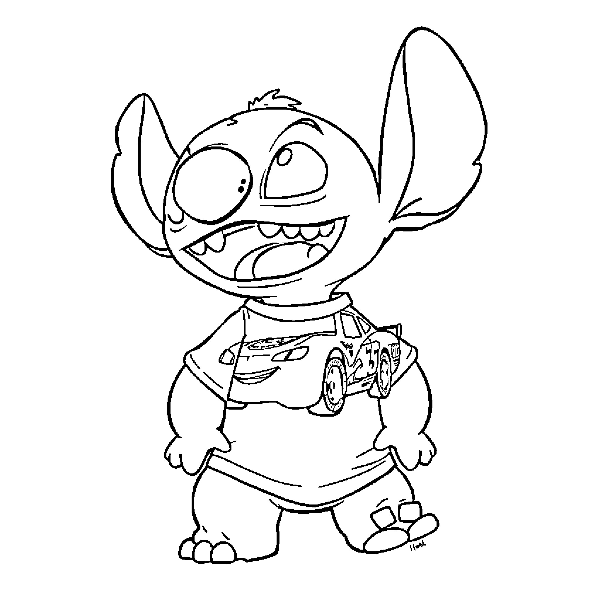 Stitch character in mischievous pose Coloring Page (free black-and-white line drawing printable PDF for all, from beginners to advanced learners, including children, teens, adults, and seniors)