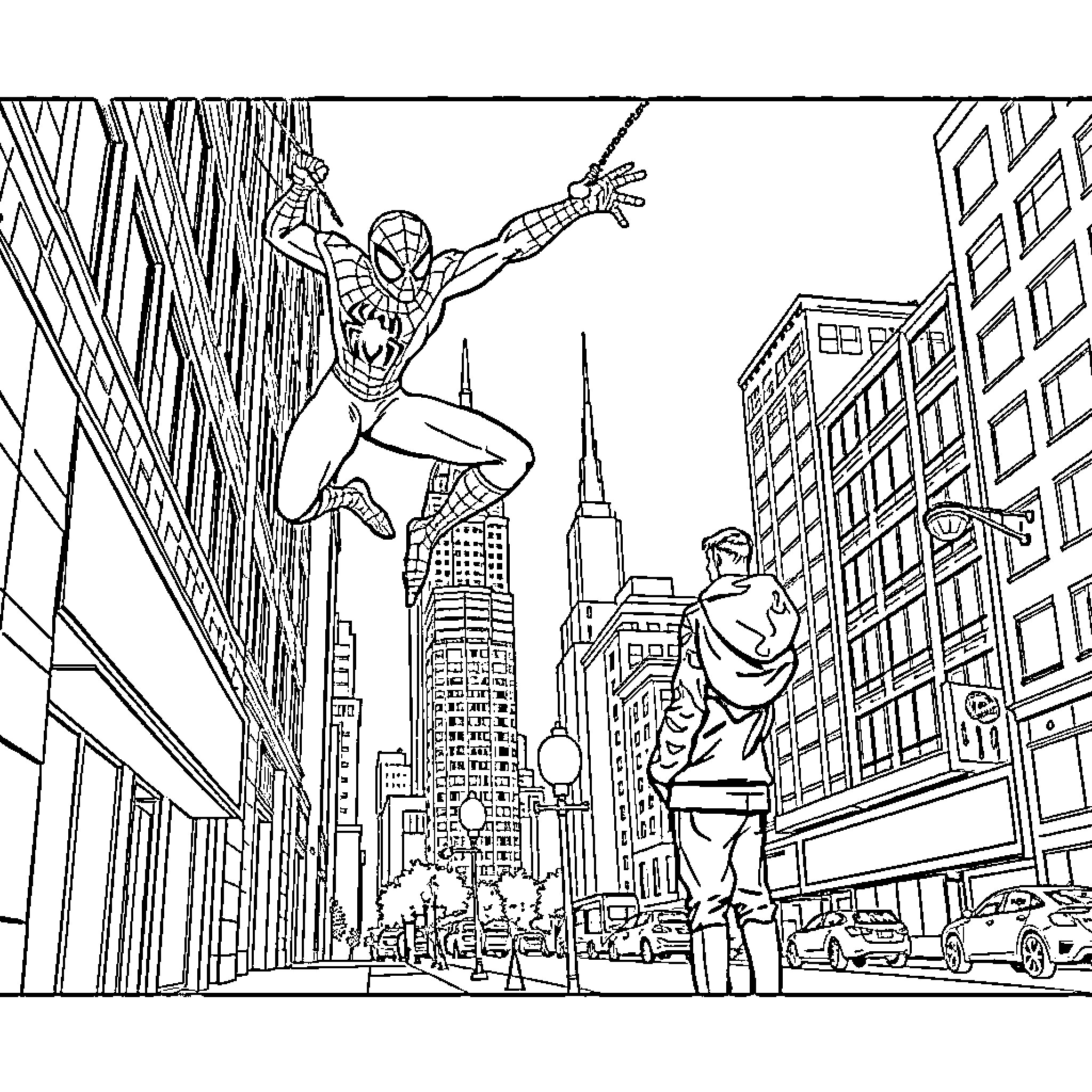 Spiderman swinging through the city streets Coloring Page (free black-and-white line drawing printable PDF for all, from beginners to advanced learners, including children, teens, adults, and seniors)