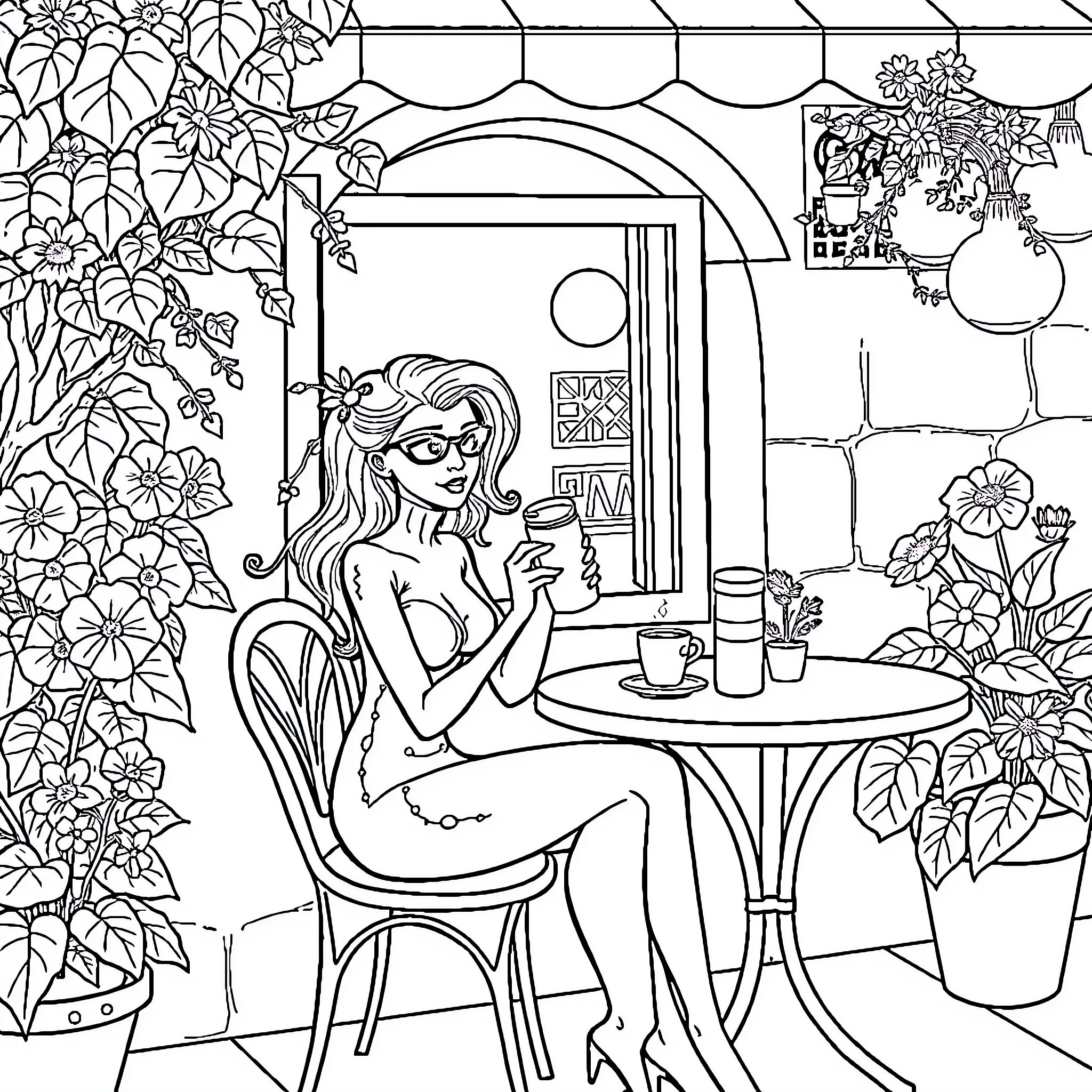Poison Ivy enjoying coffee at a cafe Coloring Page (free black-and-white line drawing printable PDF for all, from beginners to advanced learners, including children, teens, adults, and seniors)