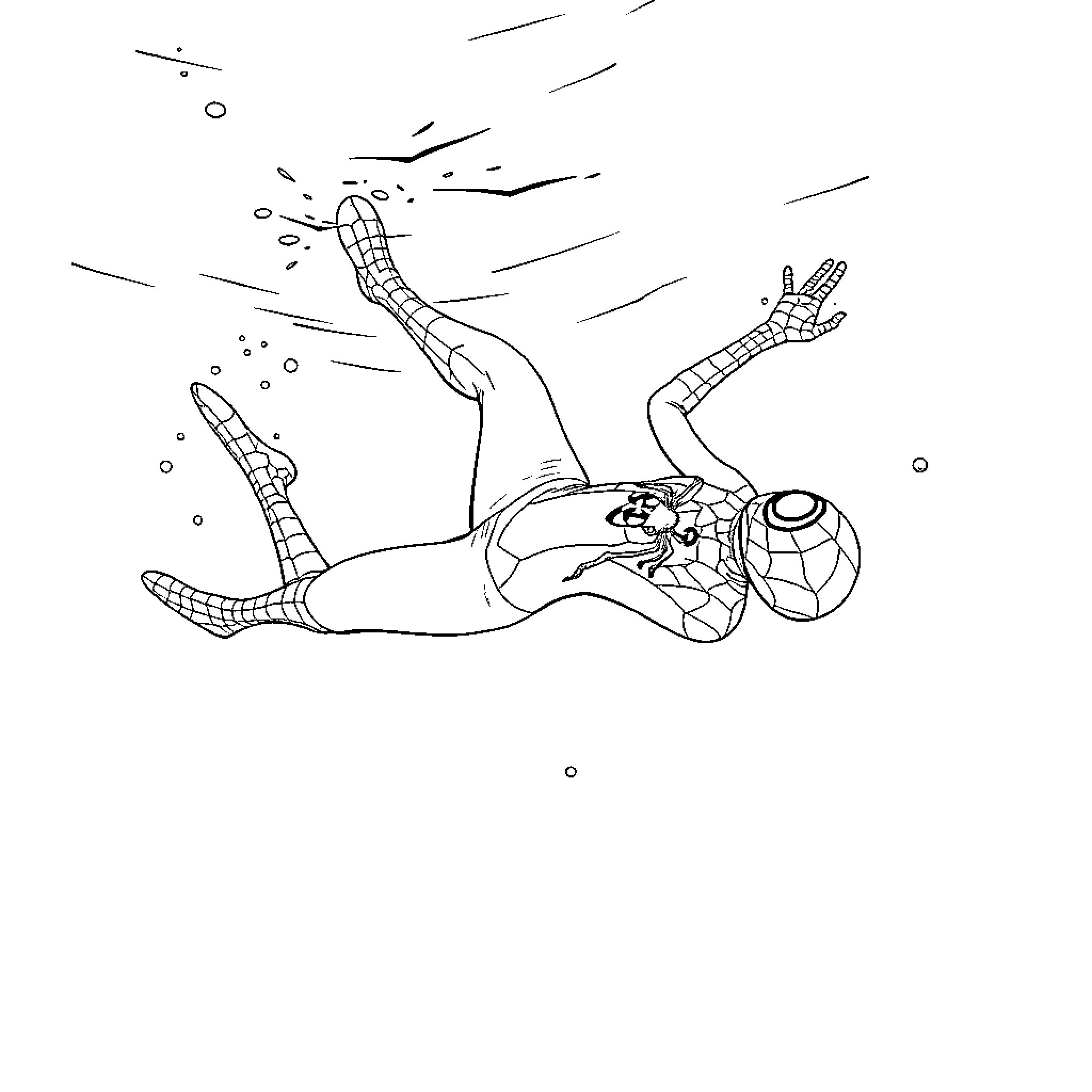 Spidey falling through the air with outstretched arms Coloring Page (free black-and-white line drawing printable PDF for all, from beginners to advanced learners, including children, teens, adults, and seniors)