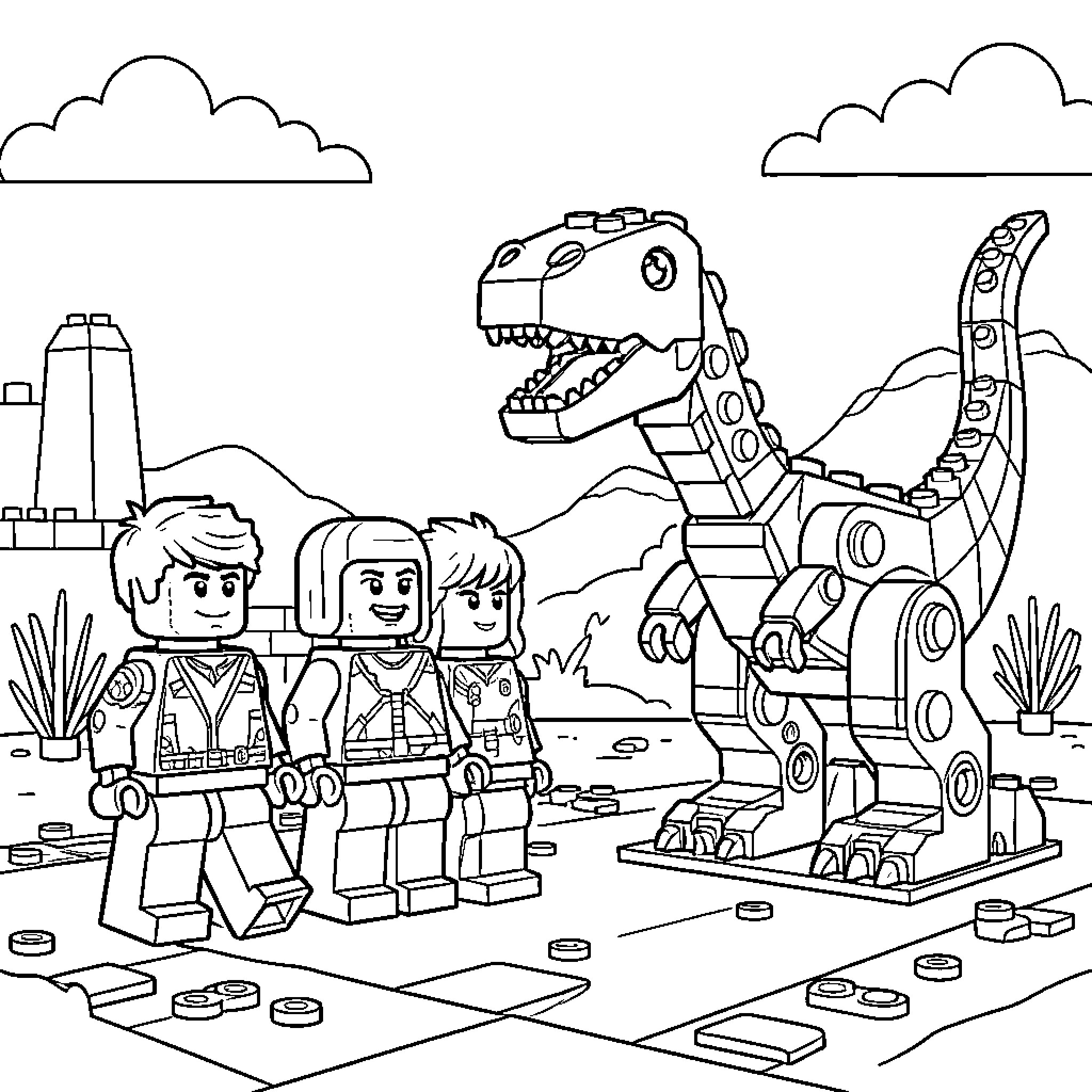 Lego People exploring a land with a dinosaur Coloring Page (free black-and-white line drawing printable PDF for all, from beginners to advanced learners, including children, teens, adults, and seniors)
