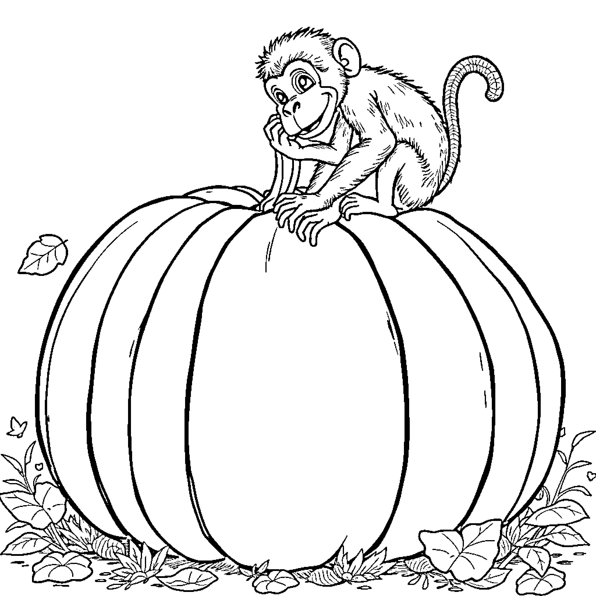 Pumpkin with curious monkey sitting on top Coloring Page (free black-and-white line drawing printable PDF for all, from beginners to advanced learners, including children, teens, adults, and seniors)