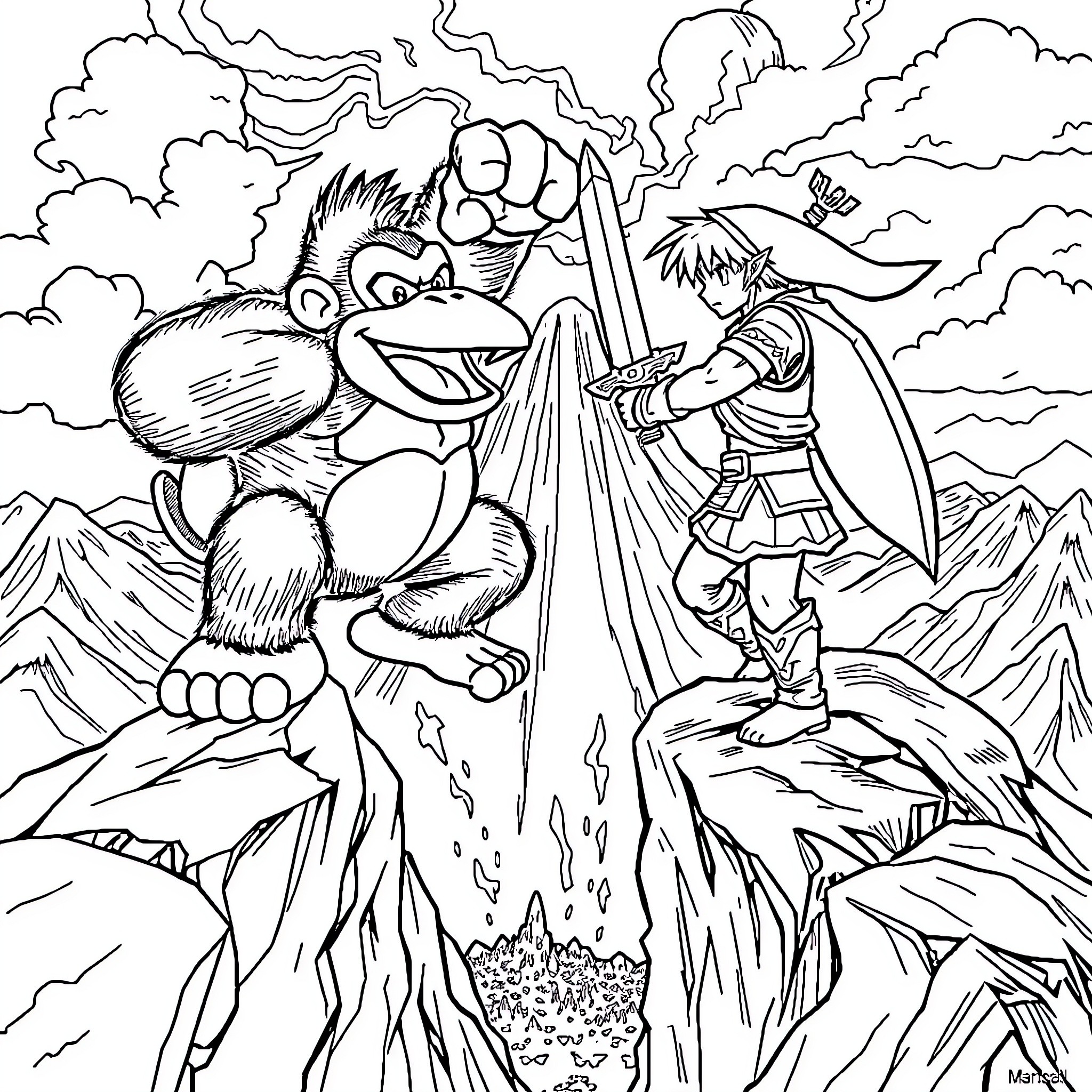 Donkey Kong facing off against a warrior in a mountainous landscape Coloring Page (free black-and-white line drawing printable PDF for all, from beginners to advanced learners, including children, teens, adults, and seniors)