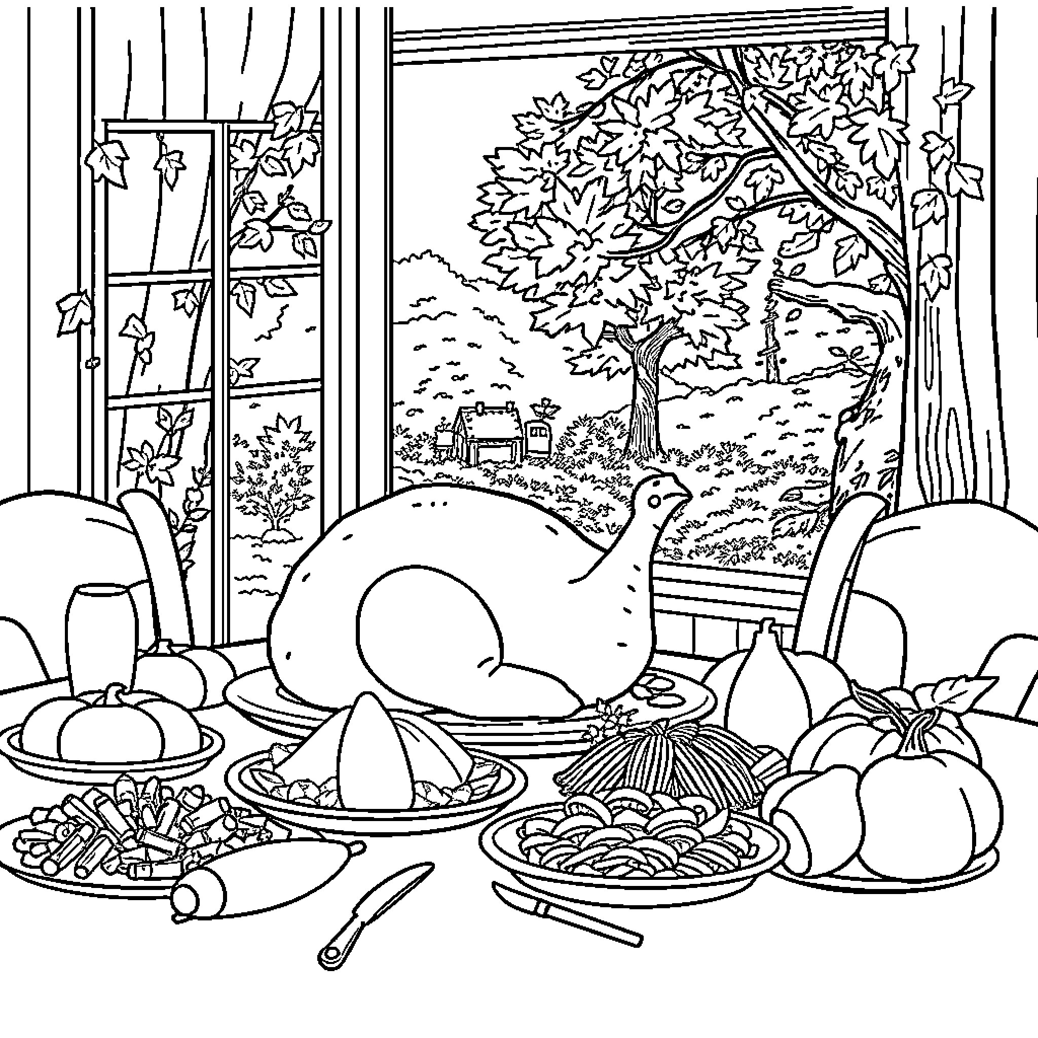 Turkey Thanksgiving Feast with Autumn Scenery Coloring Page (free black-and-white line drawing printable PDF for all, from beginners to advanced learners, including children, teens, adults, and seniors)