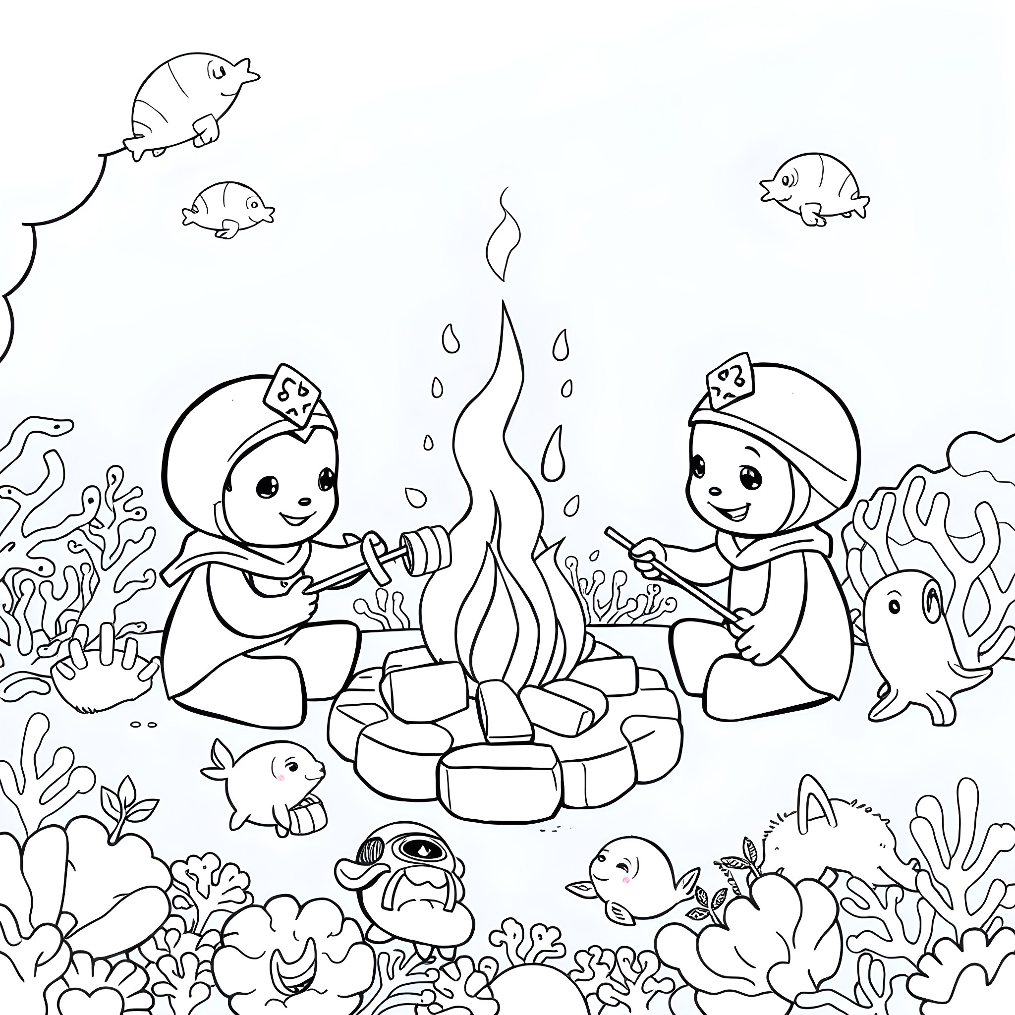 Octonauts Enjoying Campfire Celebration Underwater Coloring Page (free black-and-white line drawing printable PDF for all, from beginners to advanced learners, including children, teens, adults, and seniors)