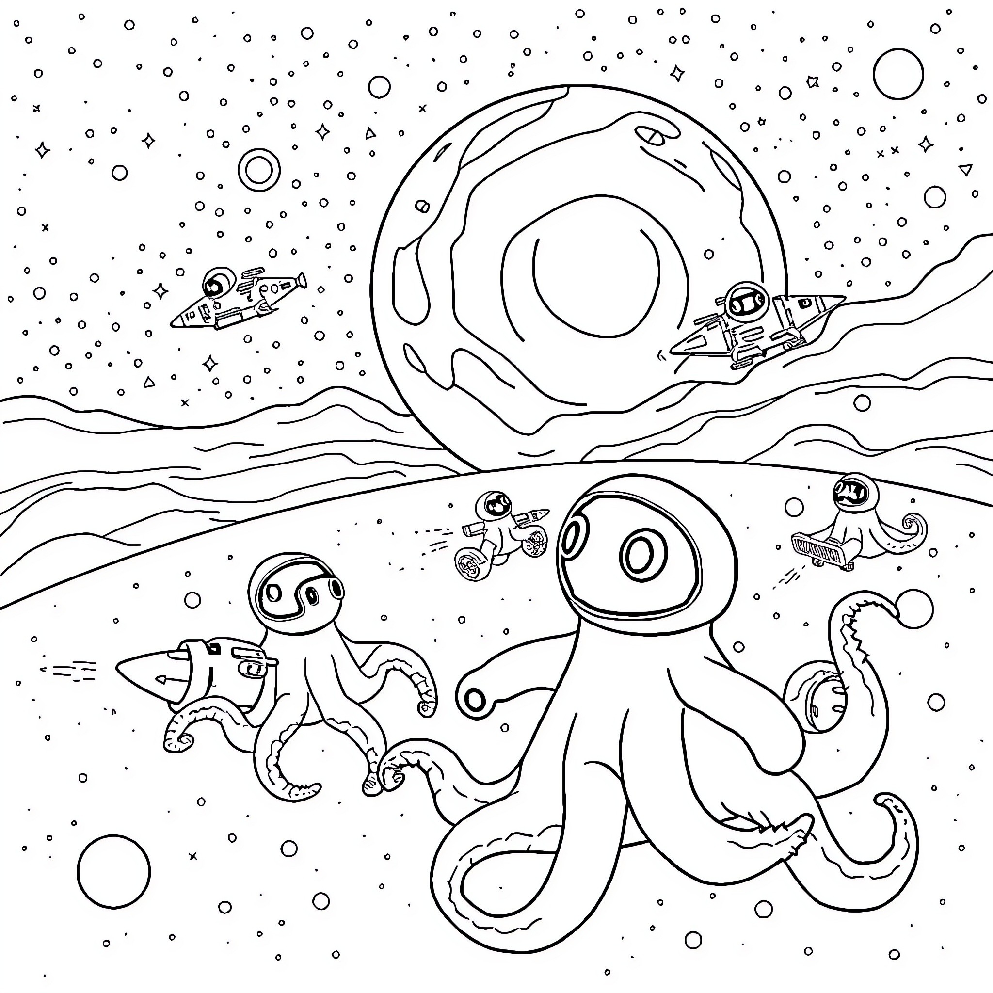 Octonauts exploring the cosmic ocean Coloring Page (free black-and-white line drawing printable PDF for all, from beginners to advanced learners, including children, teens, adults, and seniors)