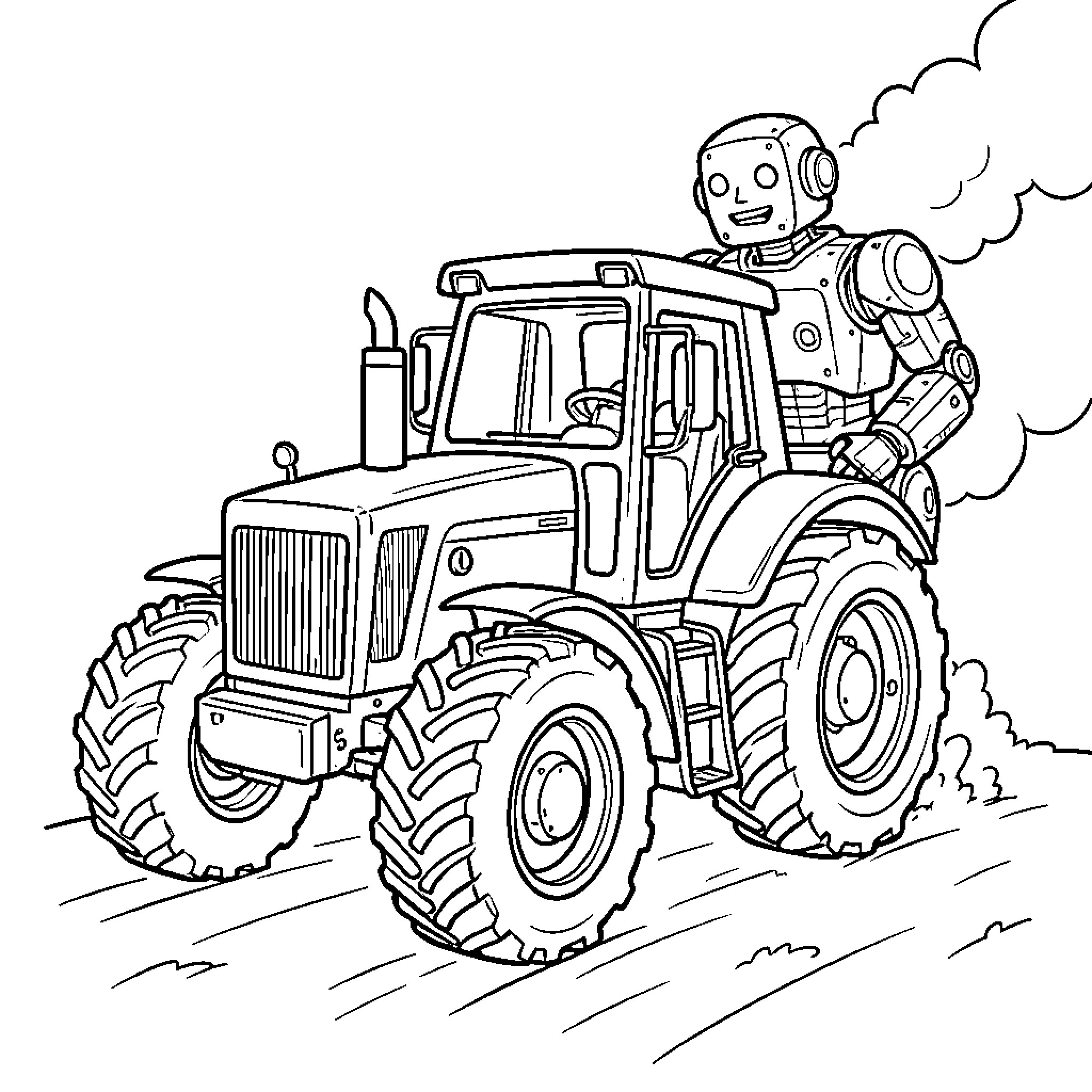 Robot Tractor driven by a smiling mechanical character Coloring Page (free black-and-white line drawing printable PDF for all, from beginners to advanced learners, including children, teens, adults, and seniors)