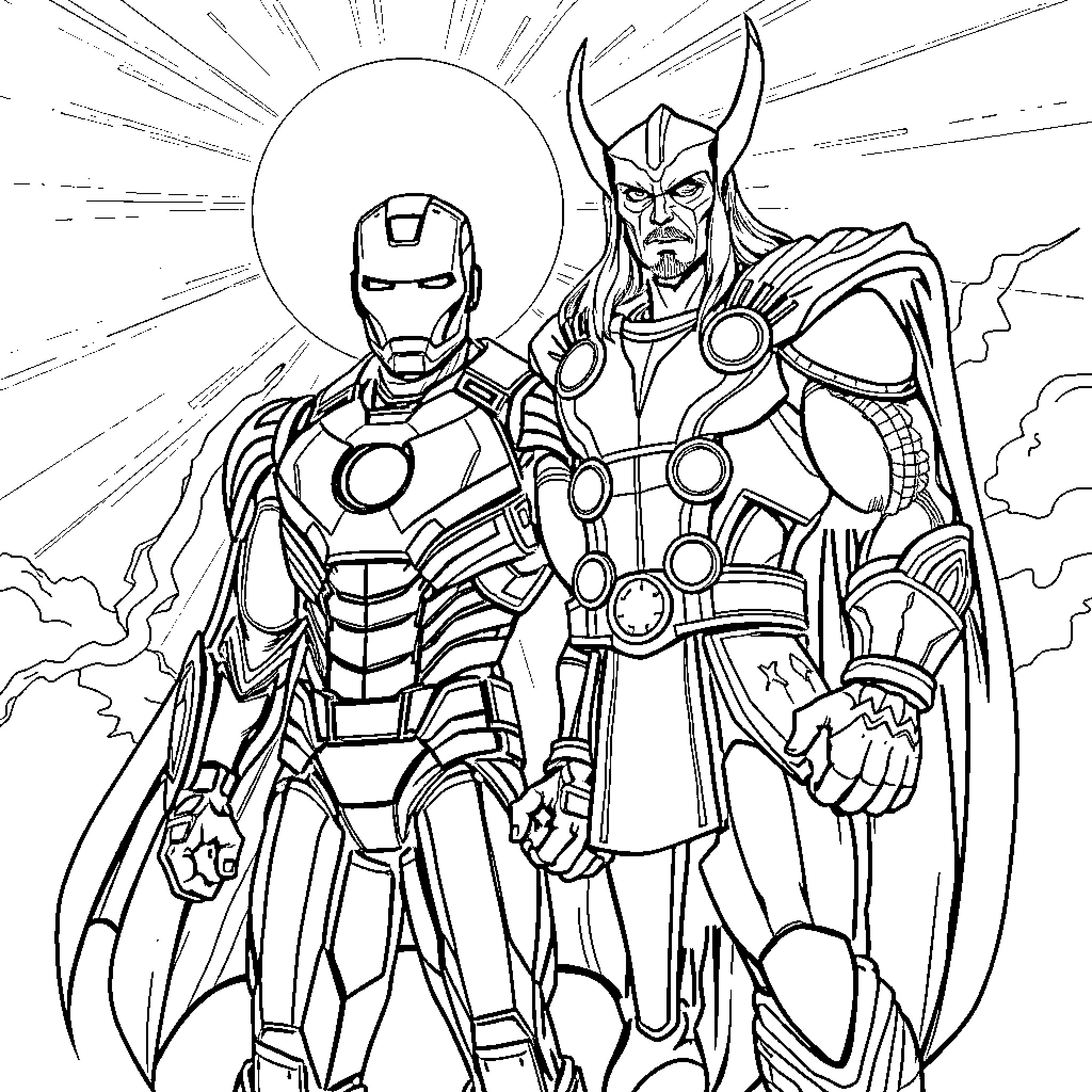 Ironman and Thor in heroic poses Coloring Page (free black-and-white line drawing printable PDF for all, from beginners to advanced learners, including children, teens, adults, and seniors)