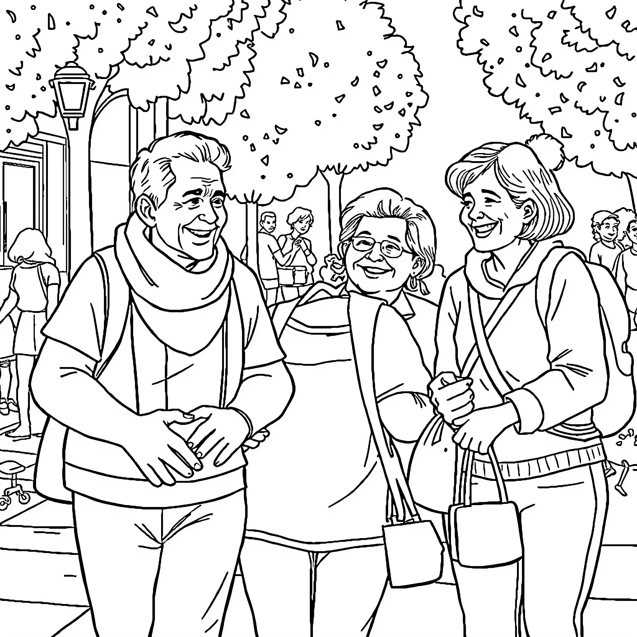 Person walking with friends on a city street Coloring Page (free black-and-white line drawing printable PDF for all, from beginners to advanced learners, including children, teens, adults, and seniors)