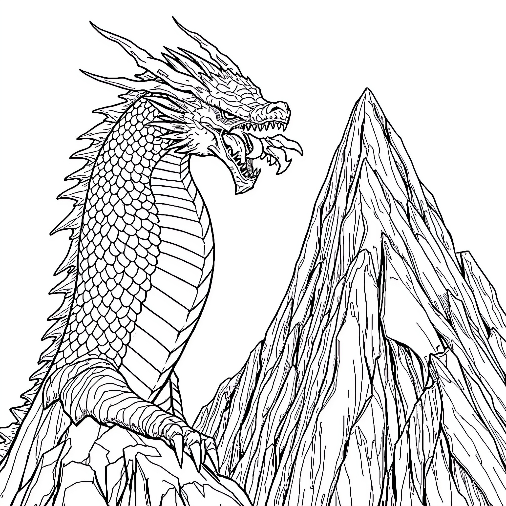 Dragon perched on mountain with detailed scales Coloring Page (free black-and-white line drawing printable PDF for all, from beginners to advanced learners, including children, teens, adults, and seniors)