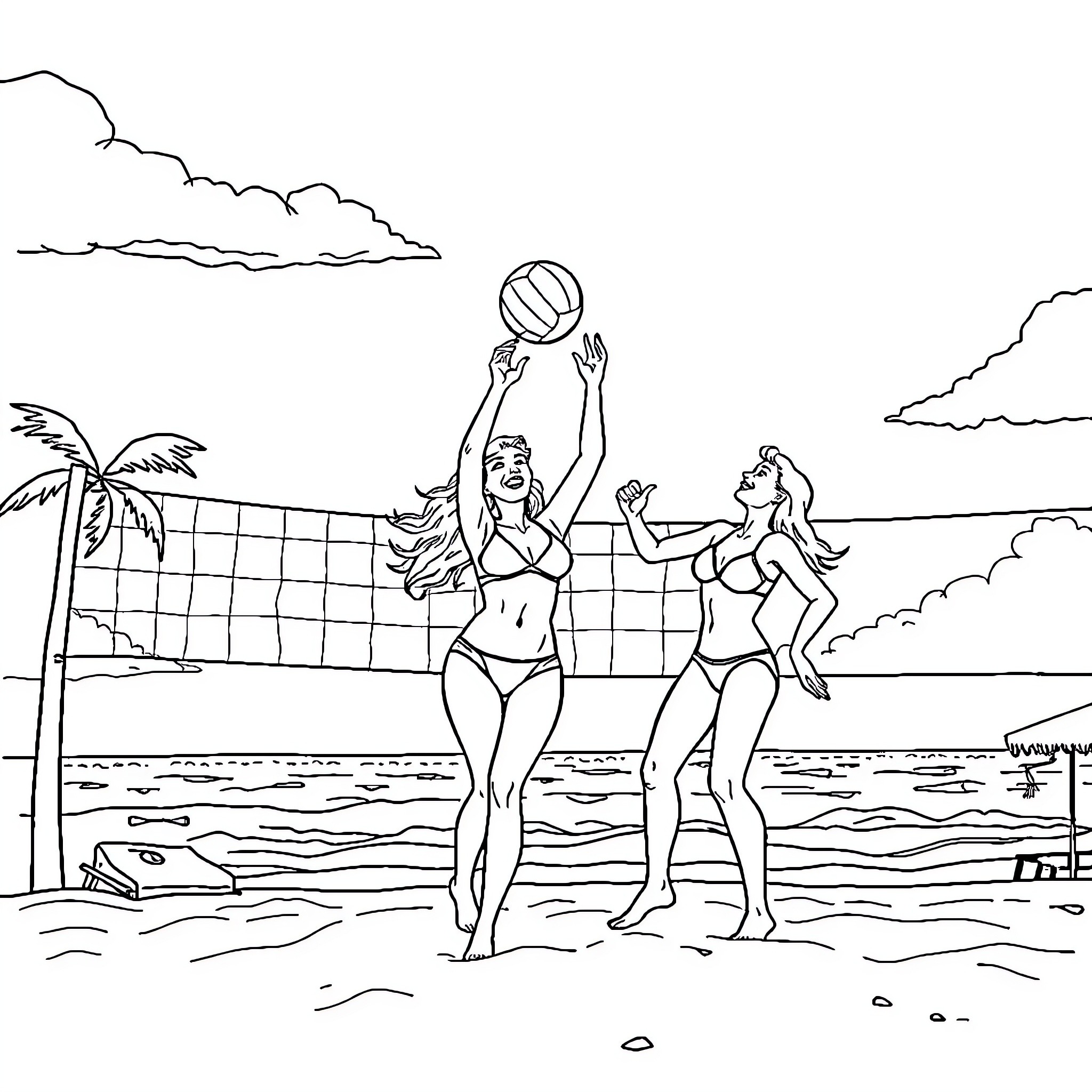 Women playing beach volleyball on sunny day Coloring Page (free black-and-white line drawing printable PDF for all, from beginners to advanced learners, including children, teens, adults, and seniors)