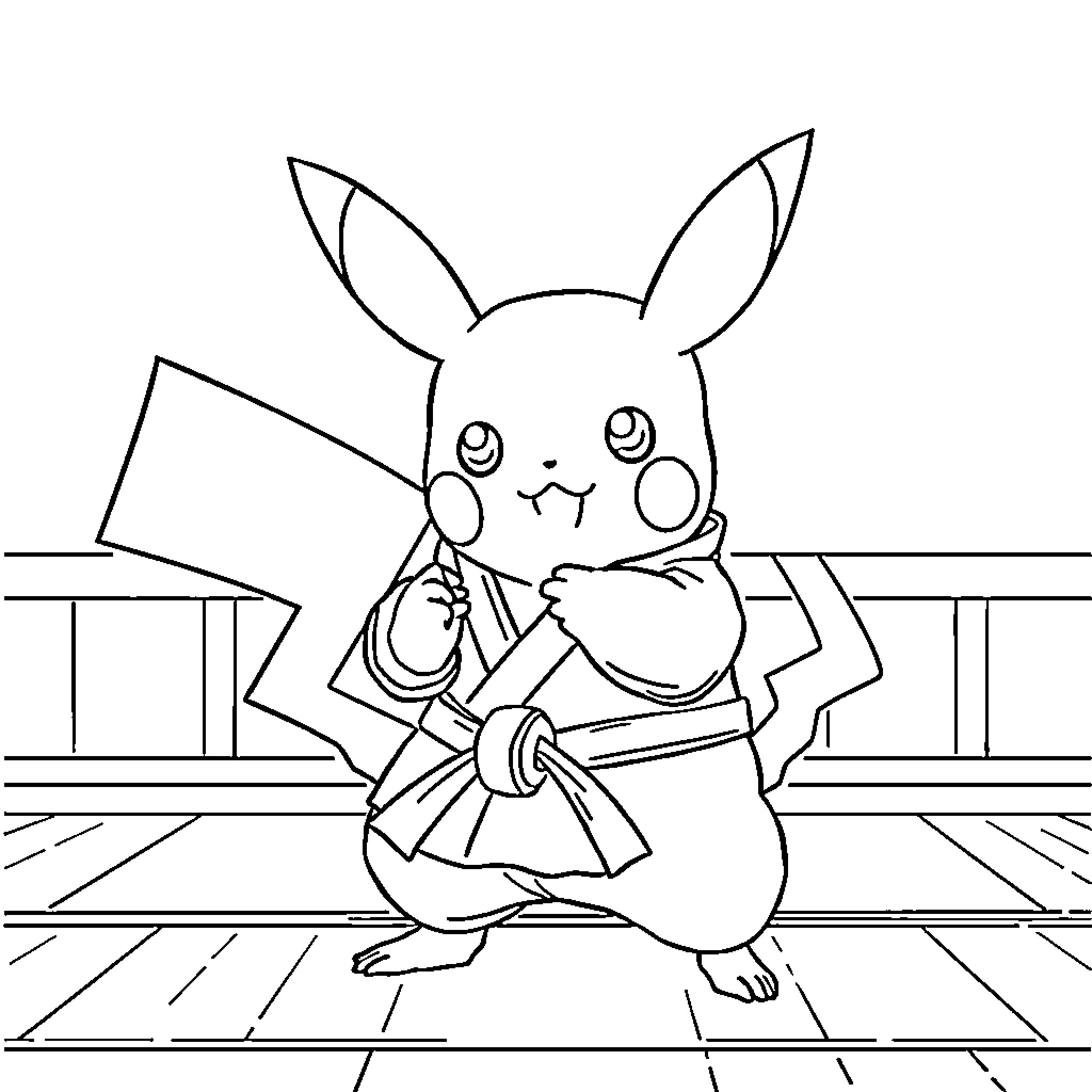 Pikachu Excited and Cheering on a Stage Coloring Page (free black-and-white line drawing printable PDF for all, from beginners to advanced learners, including children, teens, adults, and seniors)