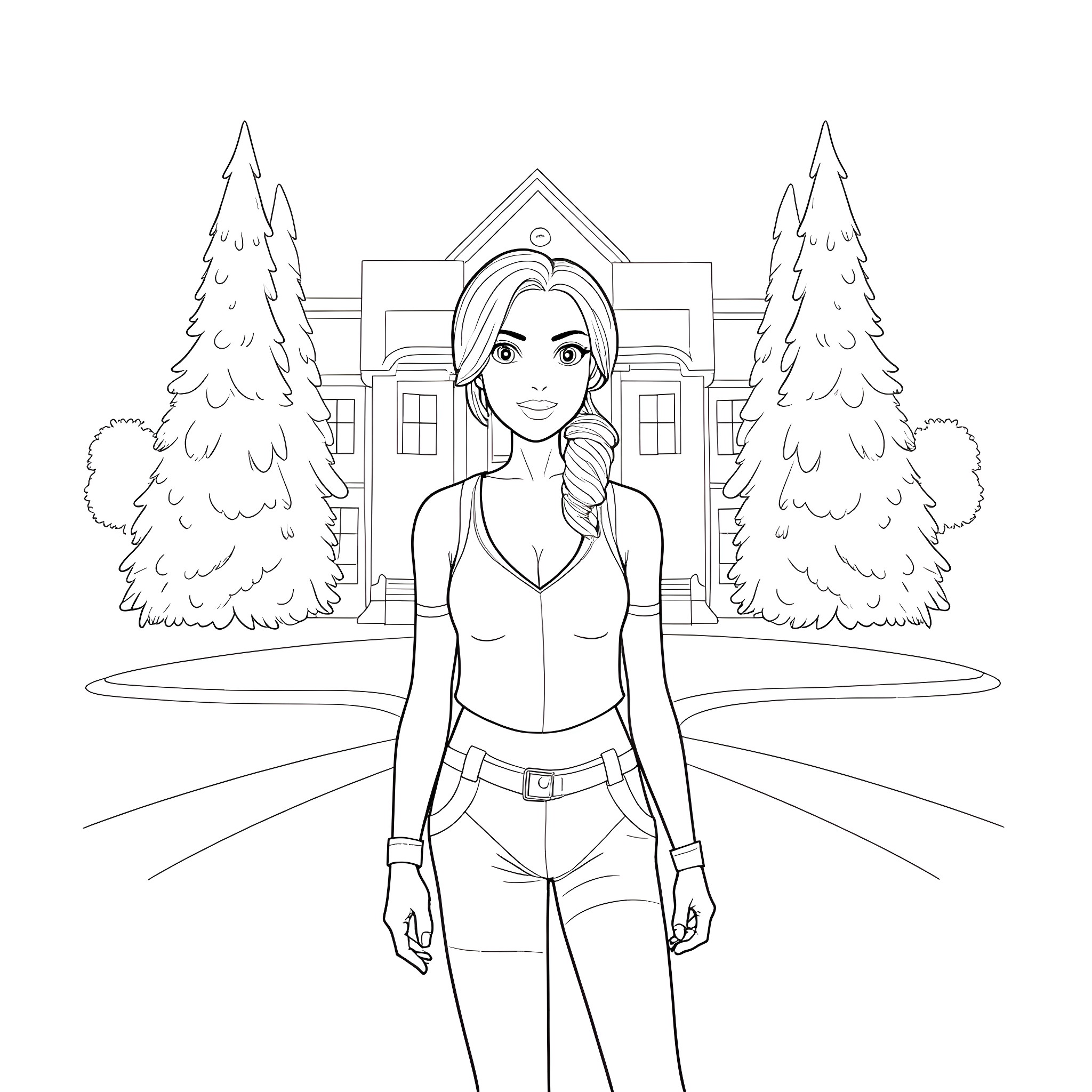 Lara Croft in action pose with forest scenery Coloring Page (free black-and-white line drawing printable PDF for all, from beginners to advanced learners, including children, teens, adults, and seniors)