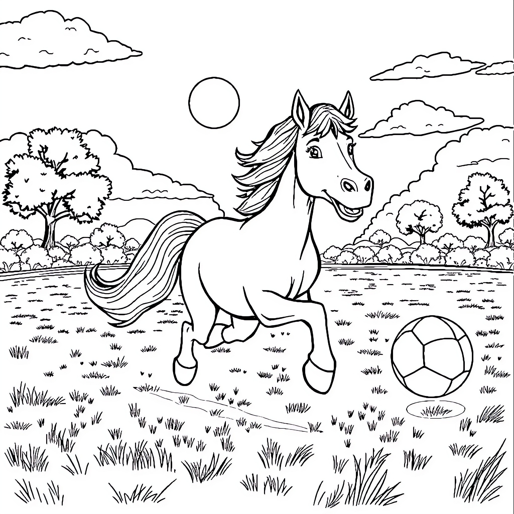 Bronc Galloping Freely in Scenic Countryside Coloring Page (free black-and-white line drawing printable PDF for all, from beginners to advanced learners, including children, teens, adults, and seniors)