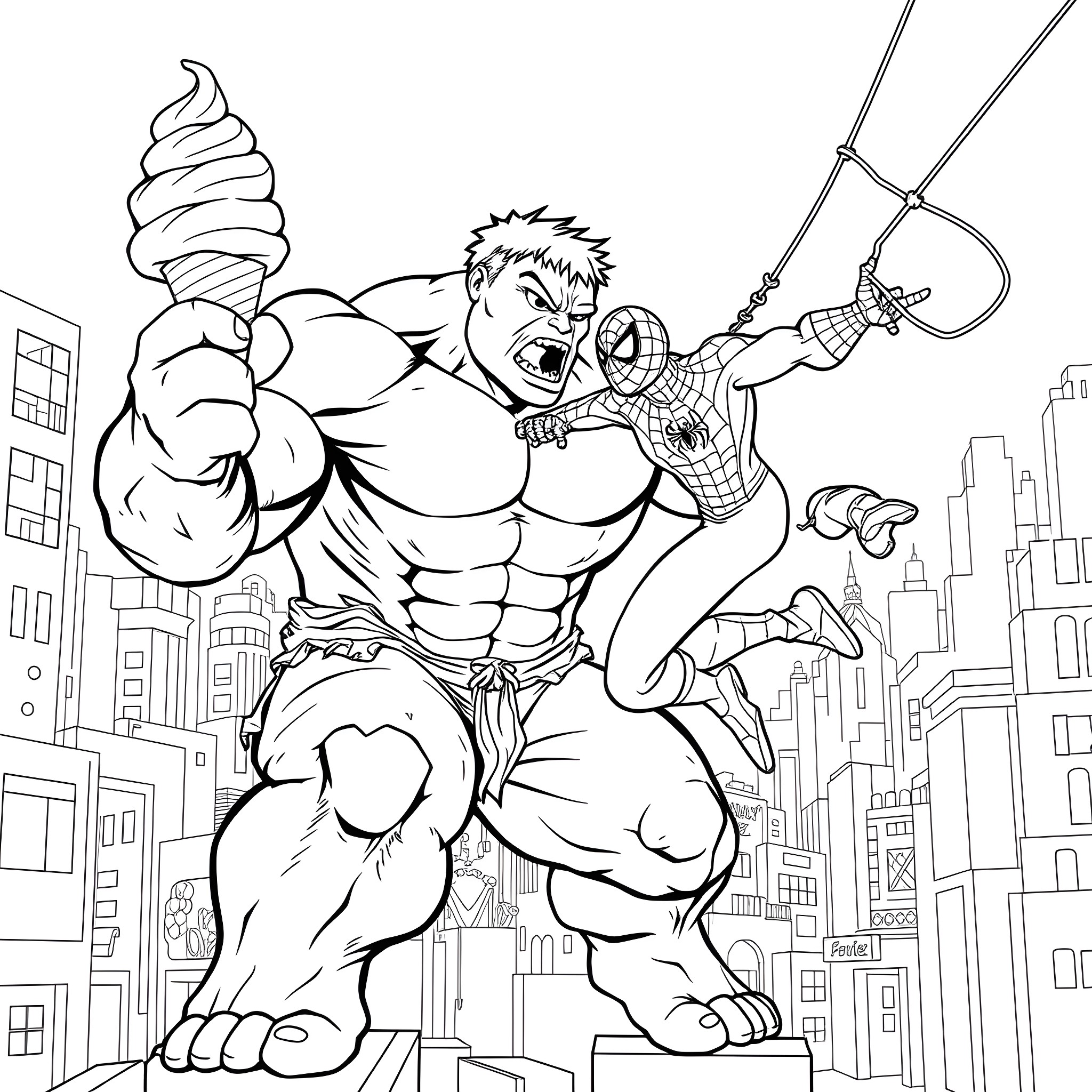 Hulk battling Spider-Man in the city Coloring Page (free black-and-white line drawing printable PDF for all, from beginners to advanced learners, including children, teens, adults, and seniors)