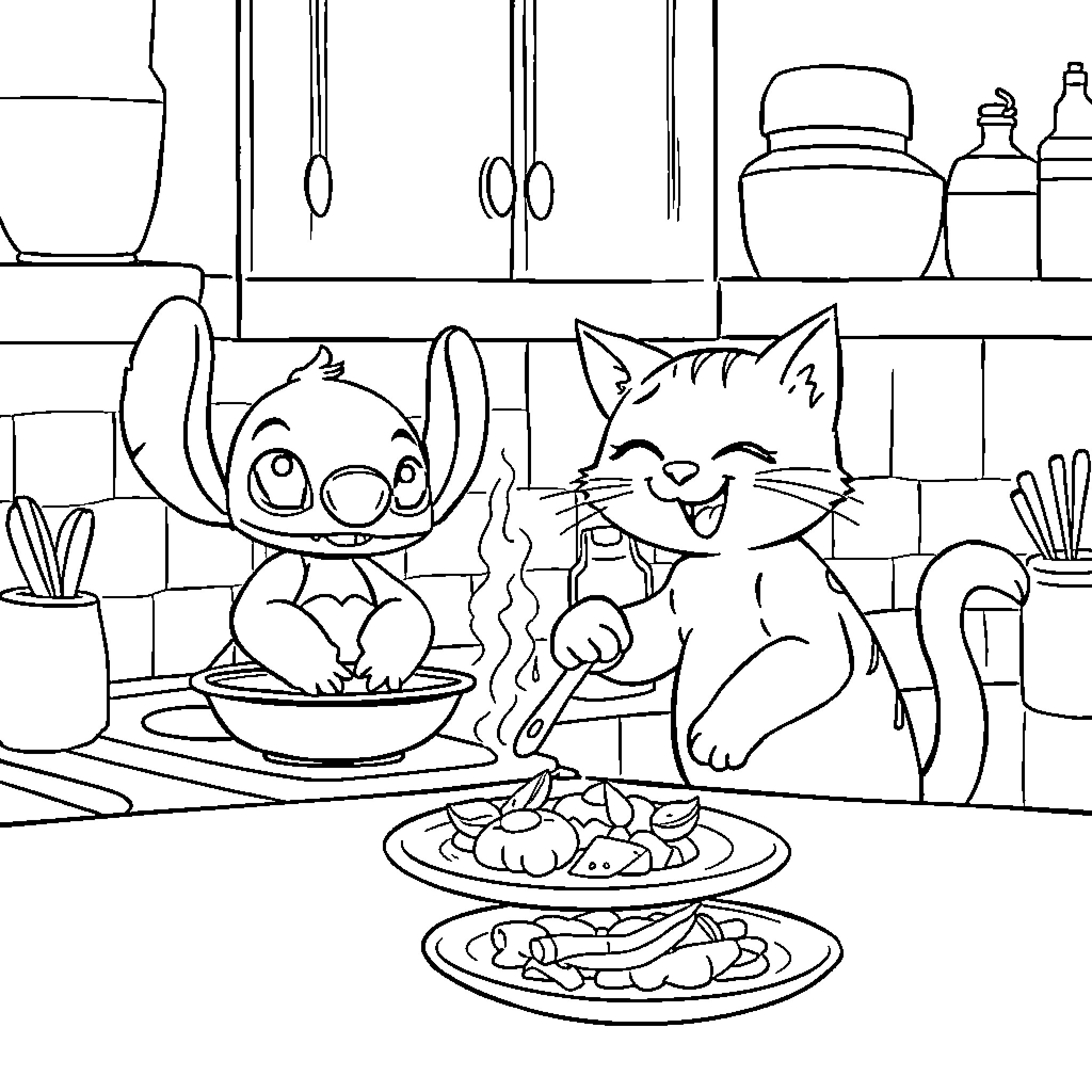 Cat and Stitch Enjoying a Meal in the Kitchen Coloring Page (free black-and-white line drawing printable PDF for all, from beginners to advanced learners, including children, teens, adults, and seniors)
