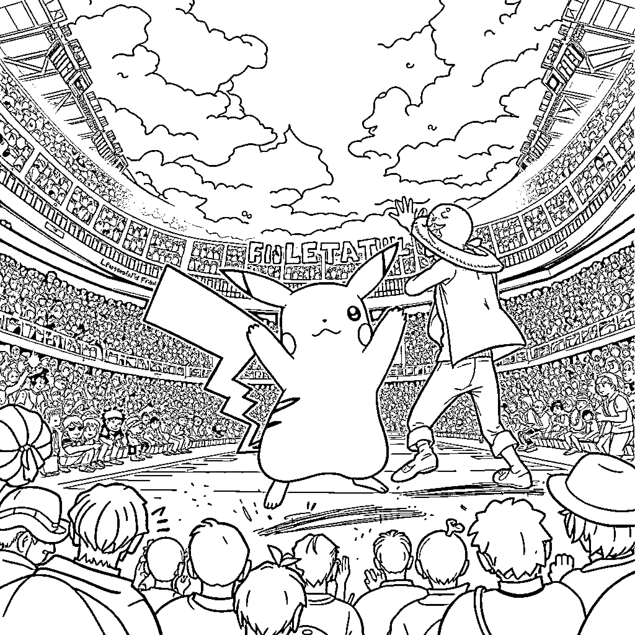 Pikachu performing in a Pokémon battle stadium Coloring Page (free black-and-white line drawing printable PDF for all, from beginners to advanced learners, including children, teens, adults, and seniors)