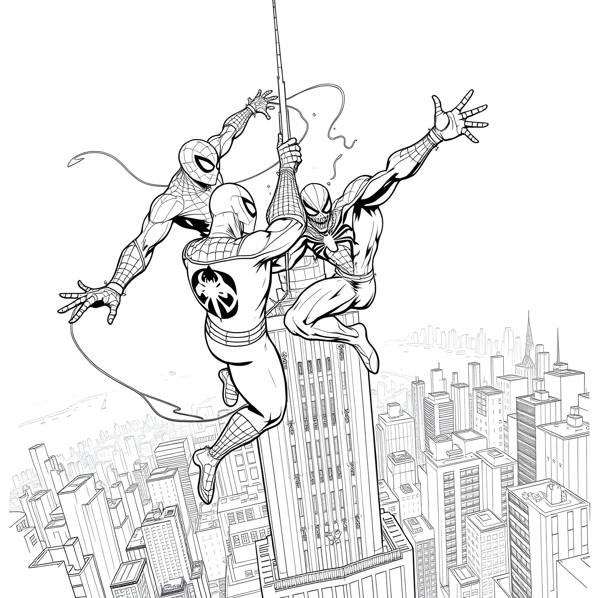Spiderman heroes swinging through the city skyscrapers Coloring Page (free black-and-white line drawing printable PDF for all, from beginners to advanced learners, including children, teens, adults, and seniors)