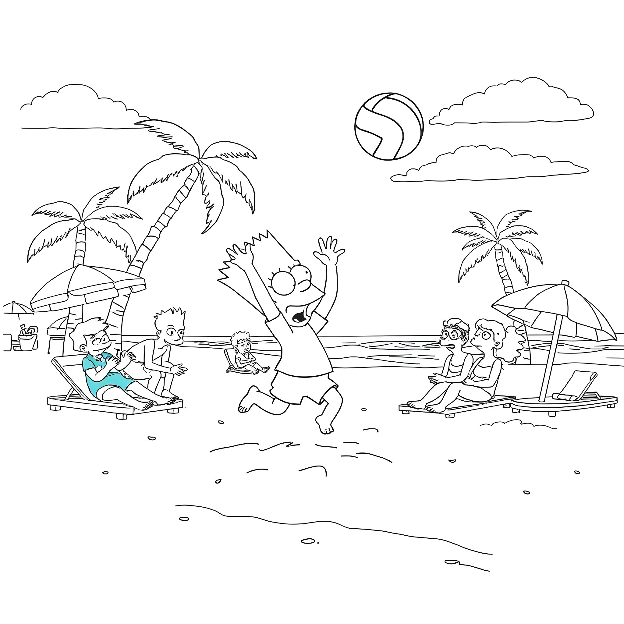 Bart Simpson enjoying a day at the beach Coloring Page (free black-and-white line drawing printable PDF for all, from beginners to advanced learners, including children, teens, adults, and seniors)